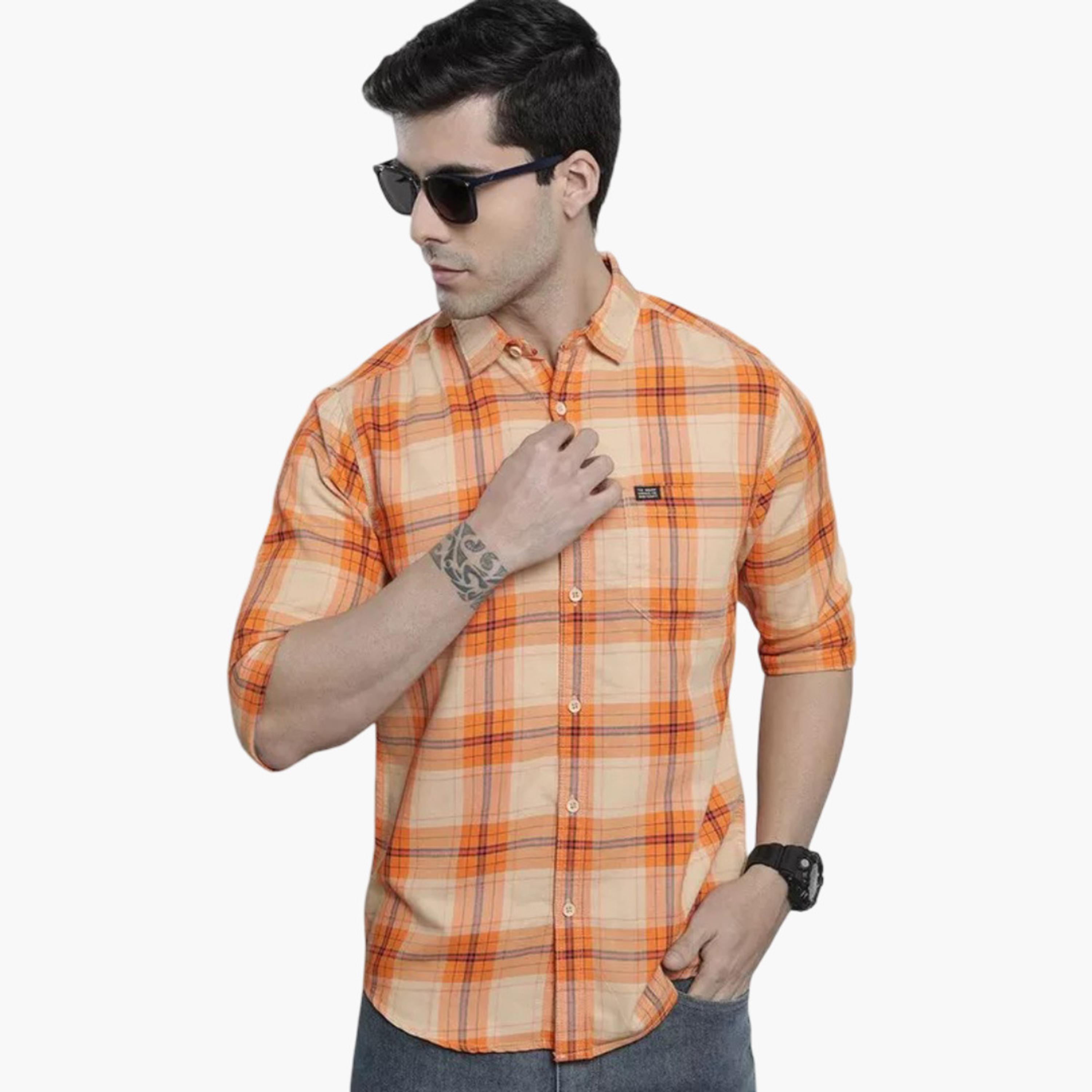 The Indian Garage Co X Styli Men Orange Checkered Casual Shirt-men-clothing-shirts-image-1