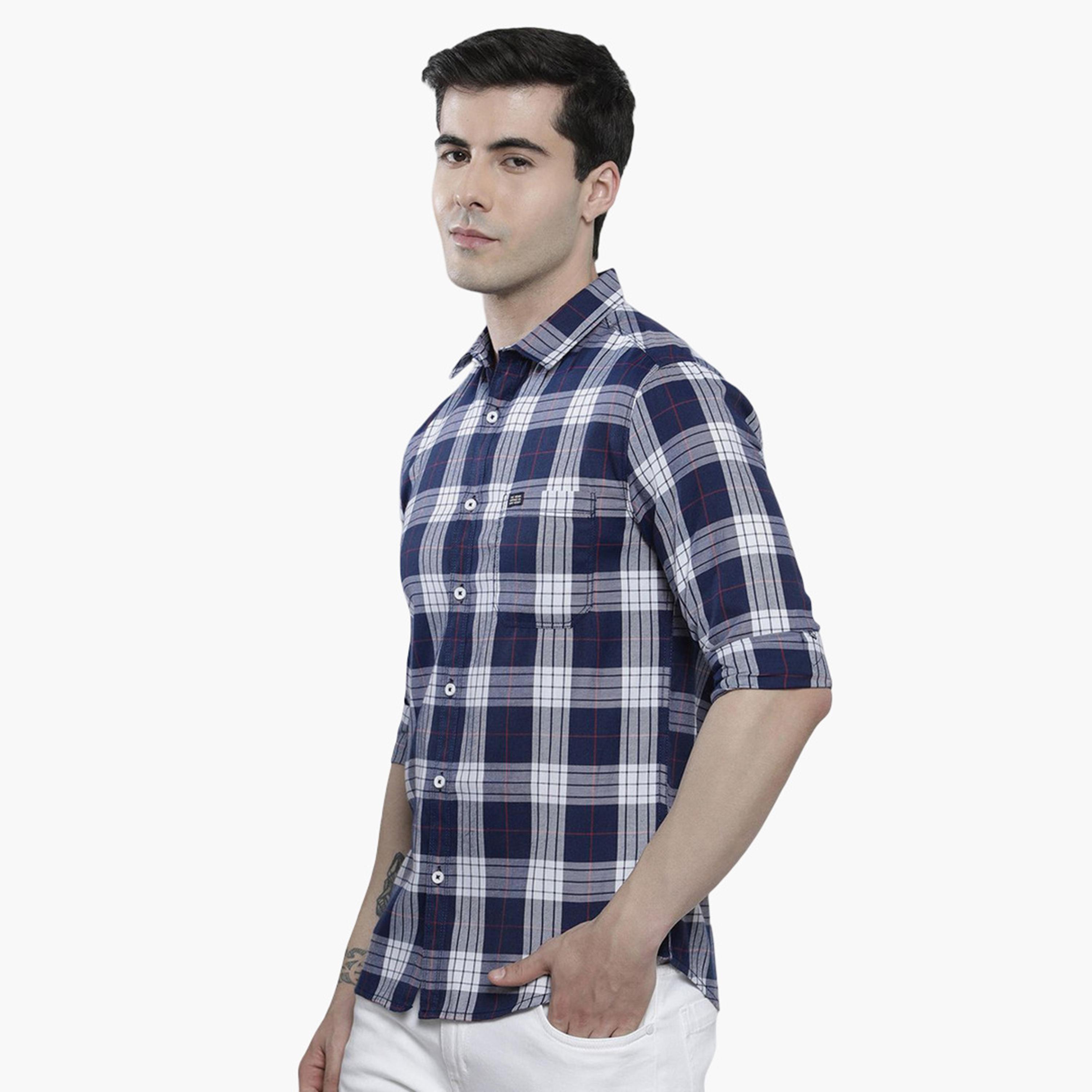 ذا انديان كراج كو × ستايلي - قميص رجالي كاجوال منقوش لون أزرق داكن-men-clothing-shirts-image-1