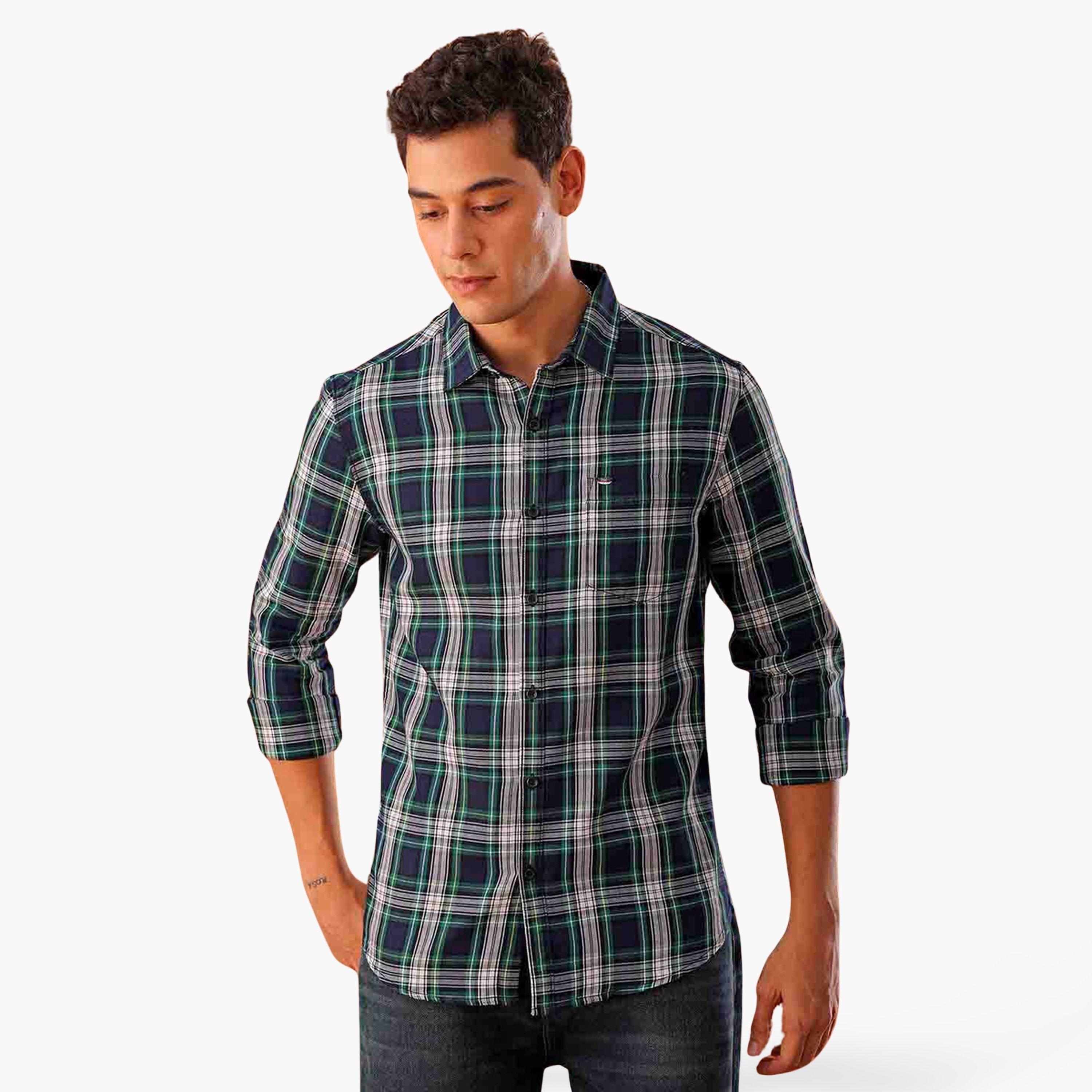 ذا انديان كراج كو × ستايلي - قميص رجالي أزرق منقوش تصميم نحيف-men-clothing-shirts-image-1