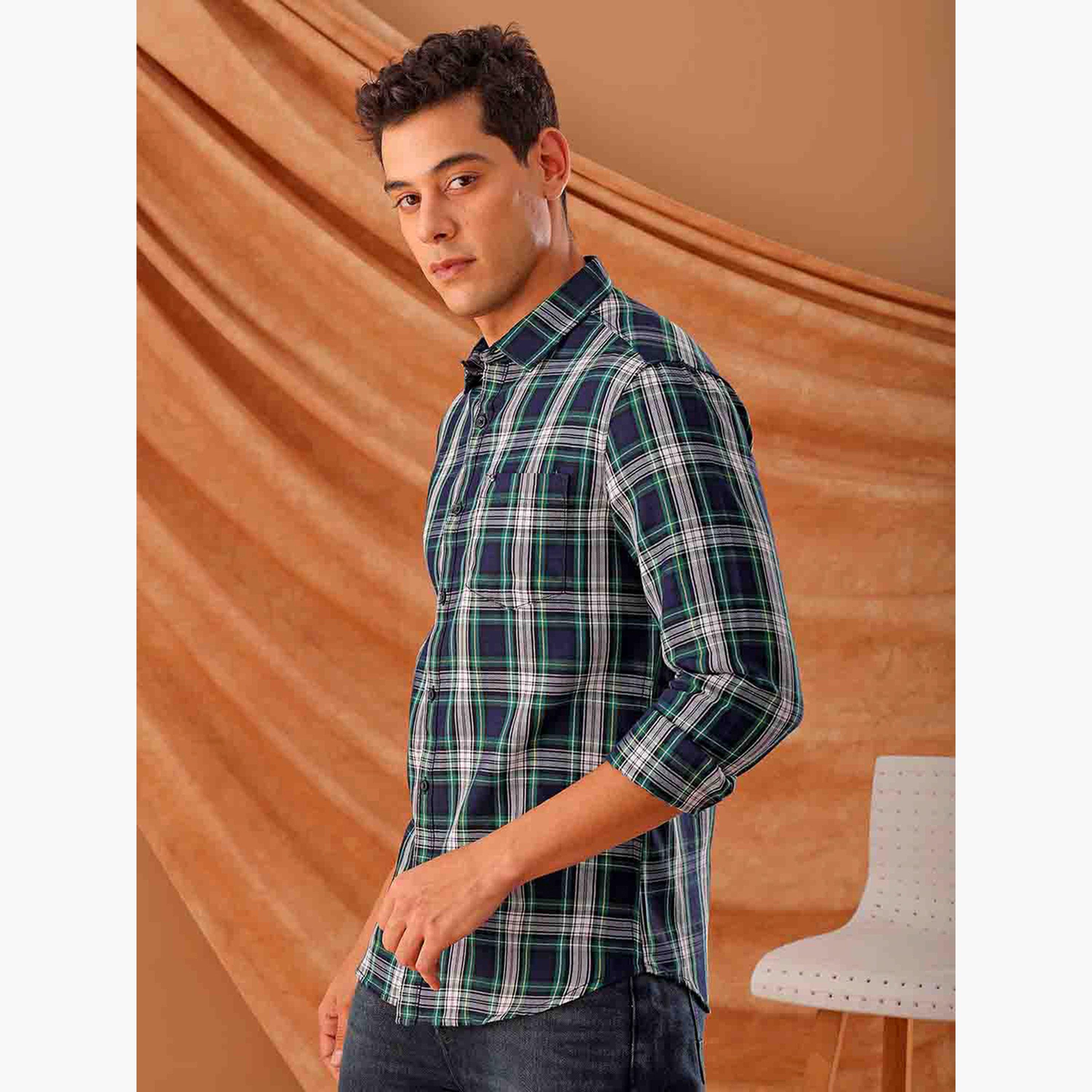 The Indian Garage Co X Styli Men Blue Plaid Slim Fit Shirt-men-clothing-shirts-image-4