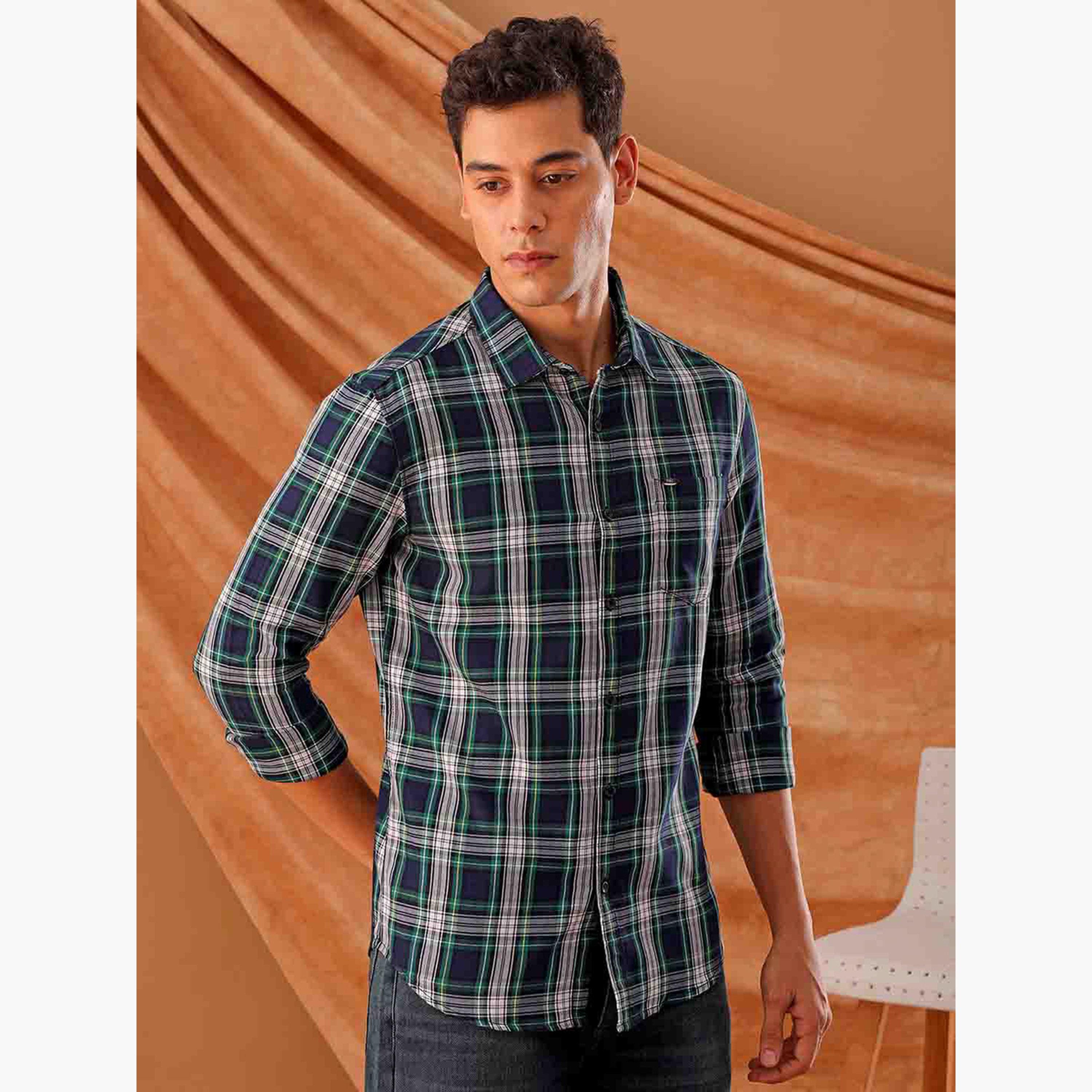The Indian Garage Co X Styli Men Blue Plaid Slim Fit Shirt-men-clothing-shirts-image-5