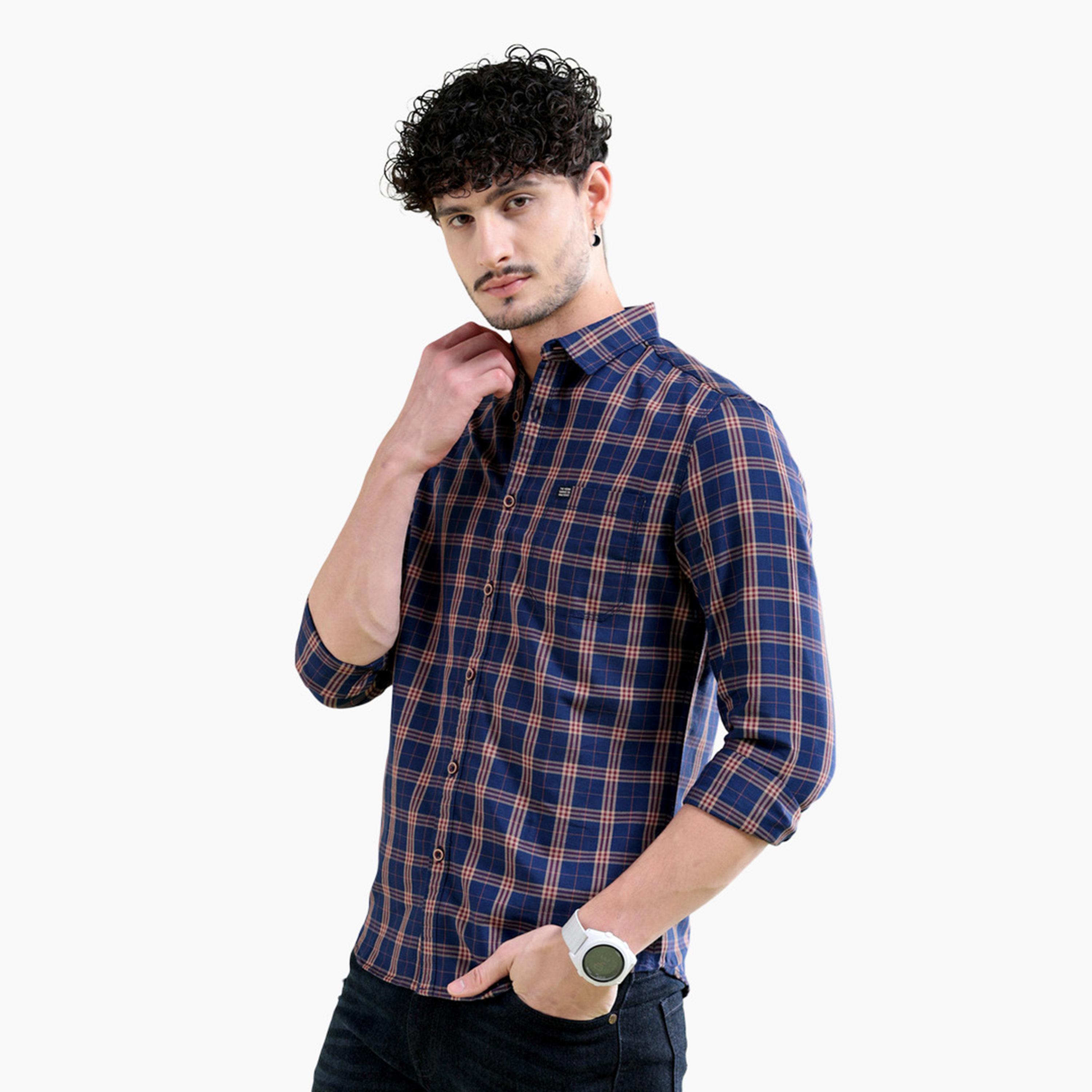 The Indian Garage Co X Styli Navy Blue Checked Slim Fit Shirt for Men-men-clothing-shirts-image-1