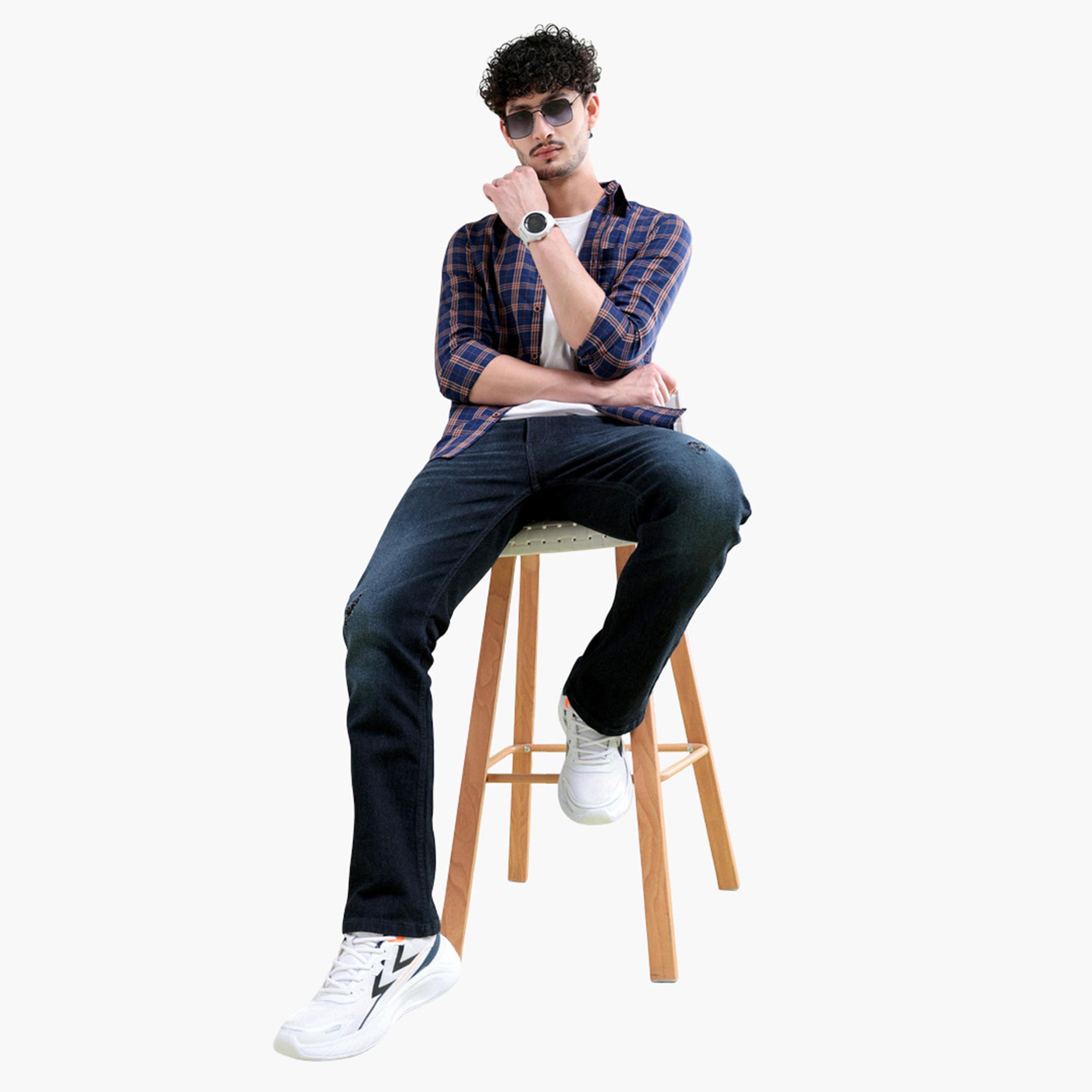 ذا انديان كراج كو × ستايلي - قميص رجالي منقوش تصميم نحيف لون ازرق داكن-men-clothing-shirts-image-2