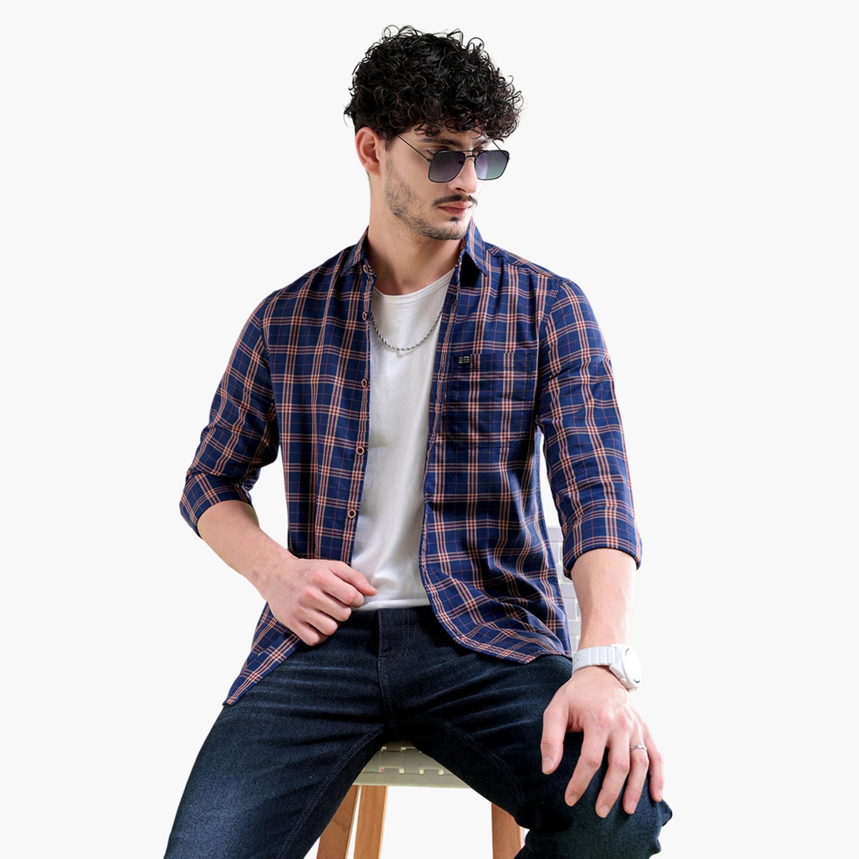 ذا انديان كراج كو × ستايلي - قميص رجالي منقوش تصميم نحيف لون ازرق داكن-men-clothing-shirts-image-3
