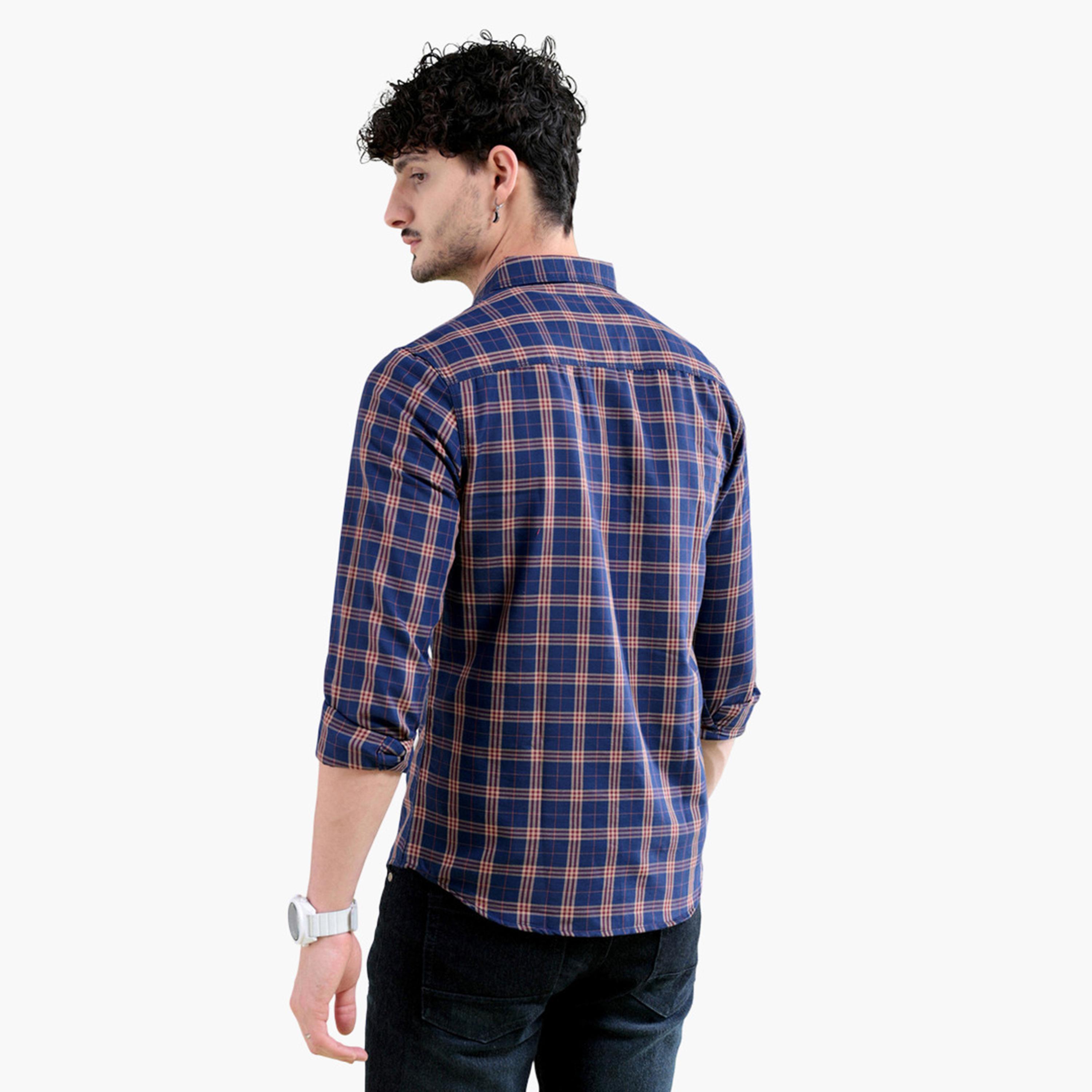 ذا انديان كراج كو × ستايلي - قميص رجالي منقوش تصميم نحيف لون ازرق داكن-men-clothing-shirts-image-4