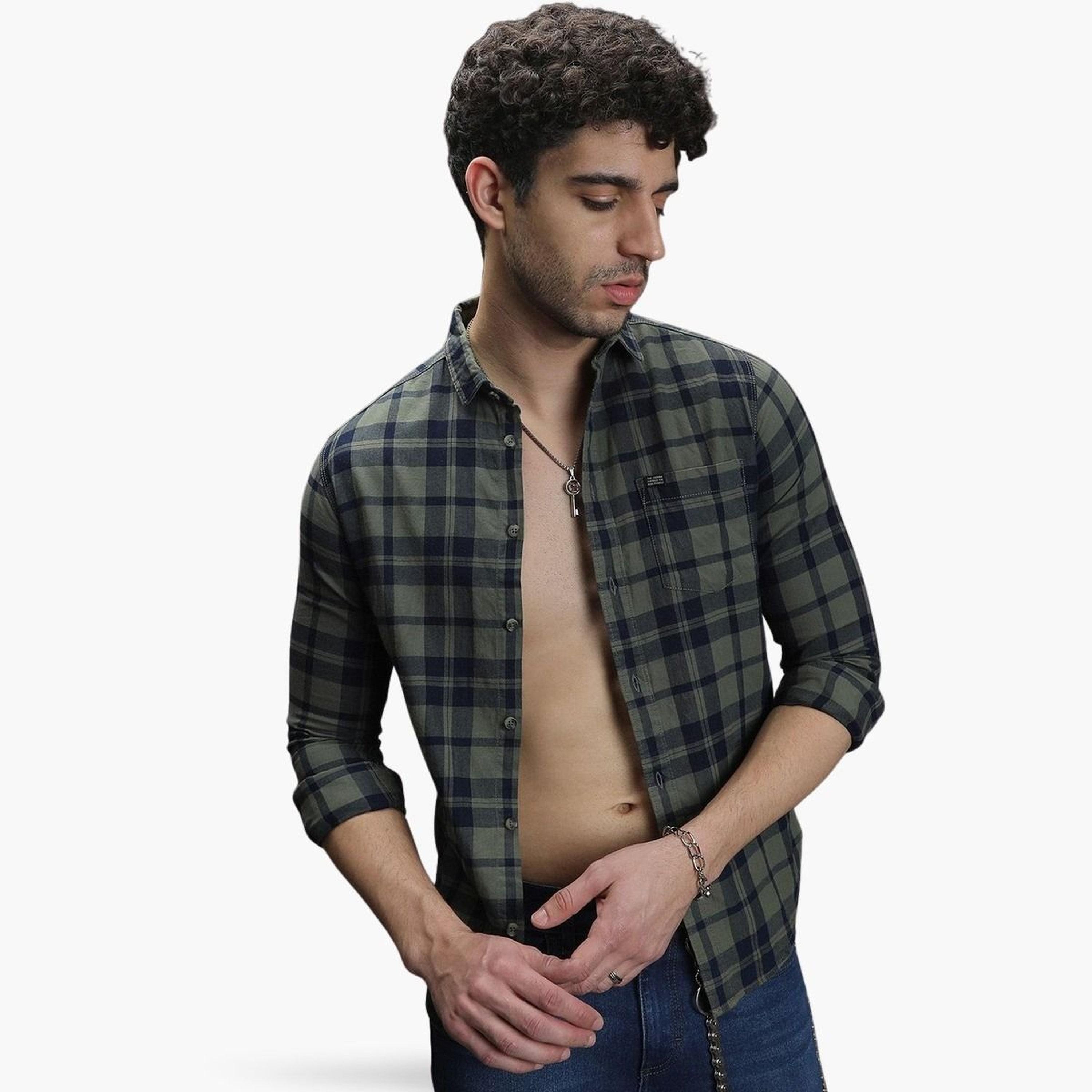 The Indian Garage Co X Styli Men Olive Checked Slim Fit Shirt-men-clothing-shirts-image-1
