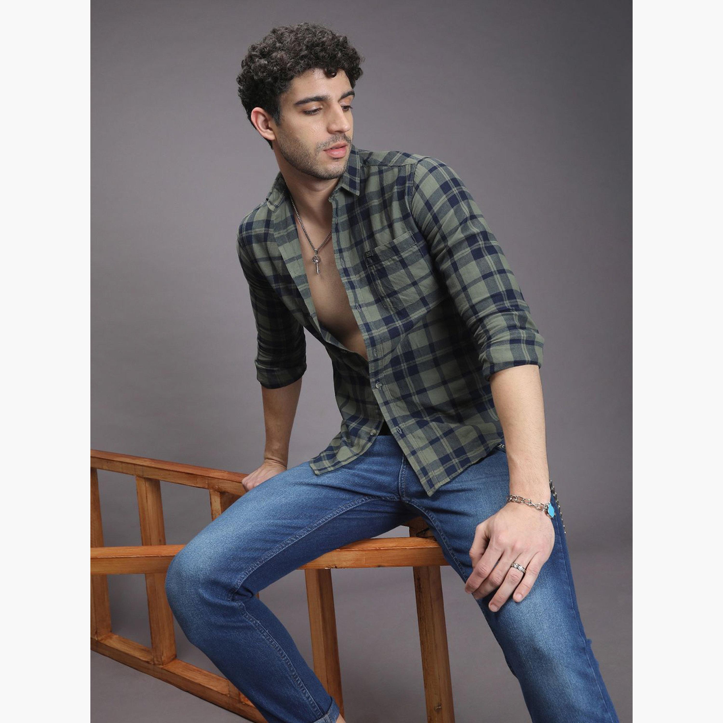 The Indian Garage Co X Styli Men Olive Checked Slim Fit Shirt-men-clothing-shirts-image-2