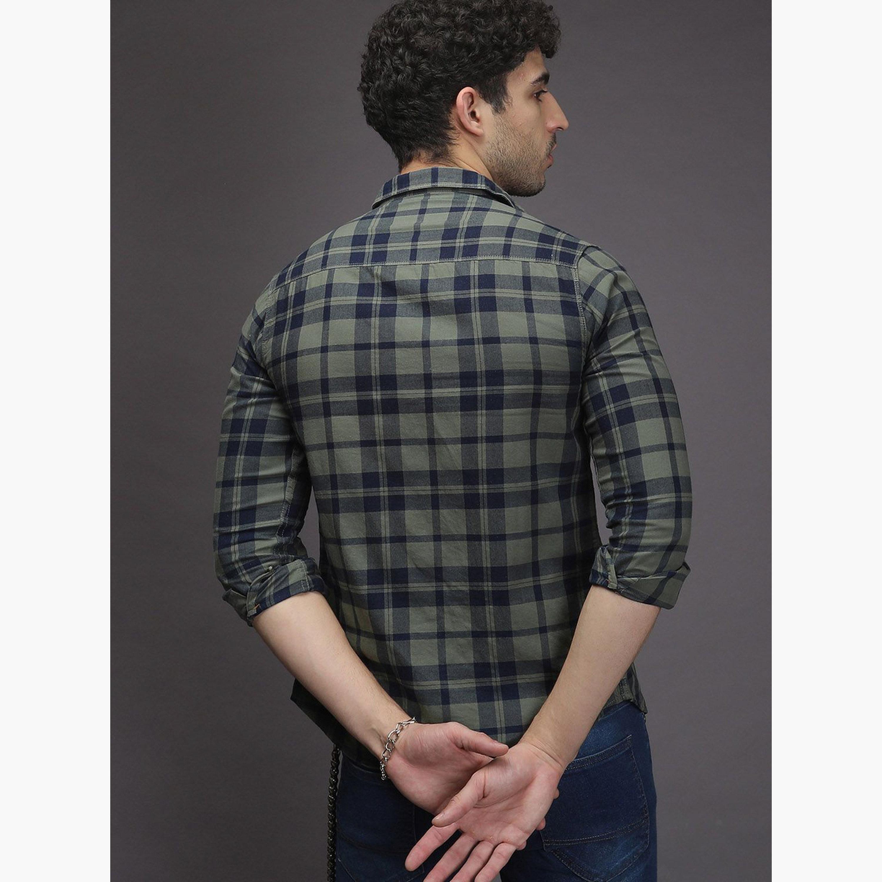 The Indian Garage Co X Styli Men Olive Checked Slim Fit Shirt-men-clothing-shirts-image-4