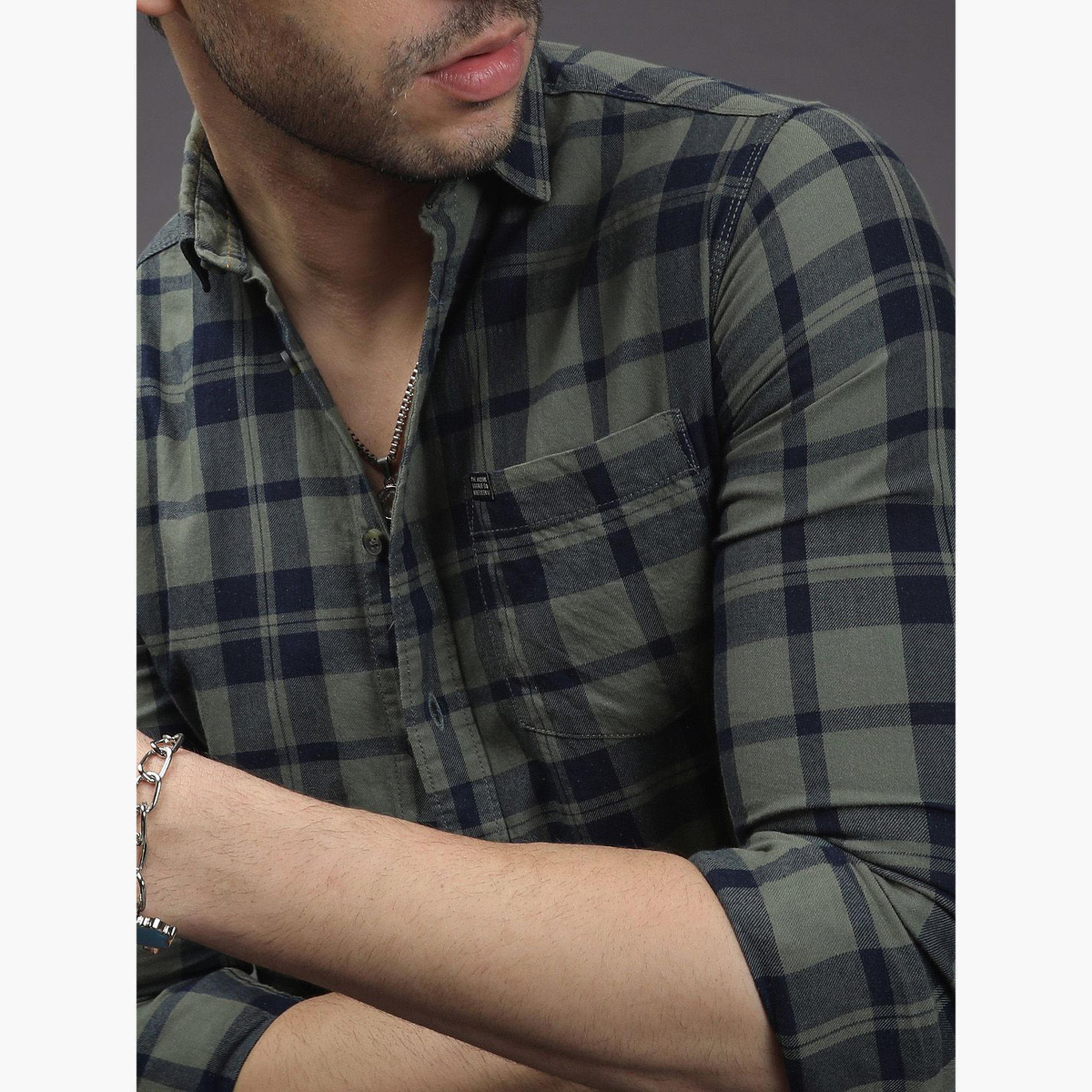 The Indian Garage Co X Styli Men Olive Checked Slim Fit Shirt-men-clothing-shirts-image-6
