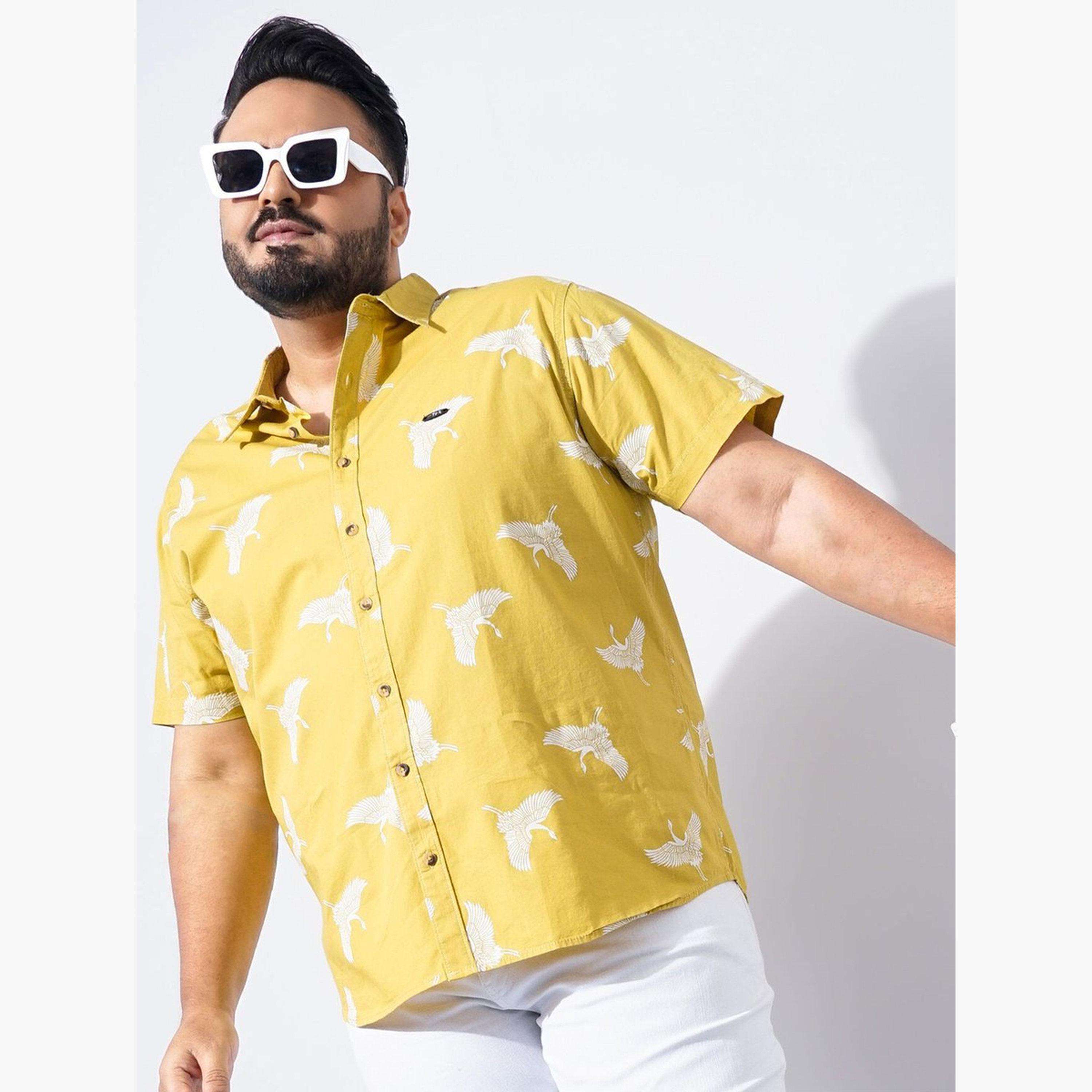 The Indian Garage Co X Styli Plus Size Men Yellow Crane Print Short Sleeve Shirt-men-clothing-shirts-image-2