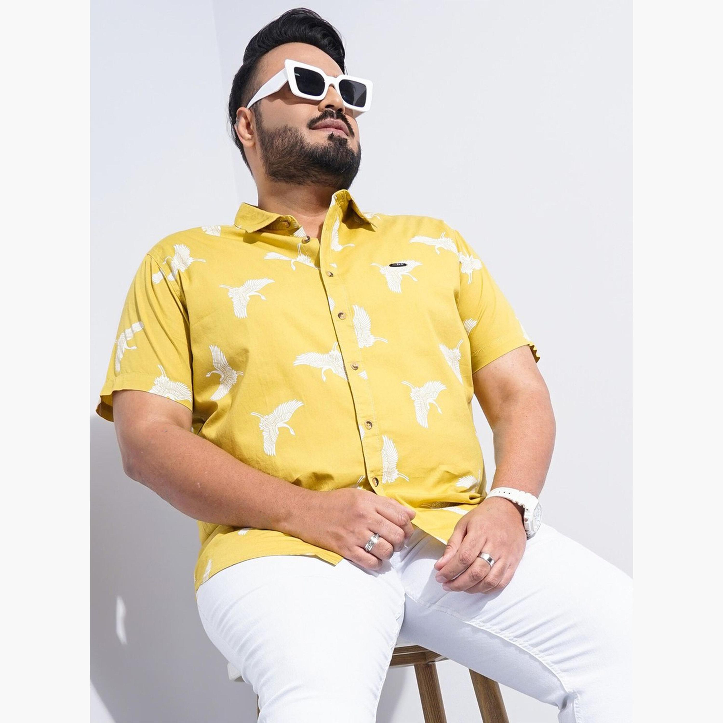 The Indian Garage Co X Styli Plus Size Men Yellow Crane Print Short Sleeve Shirt-men-clothing-shirts-image-3