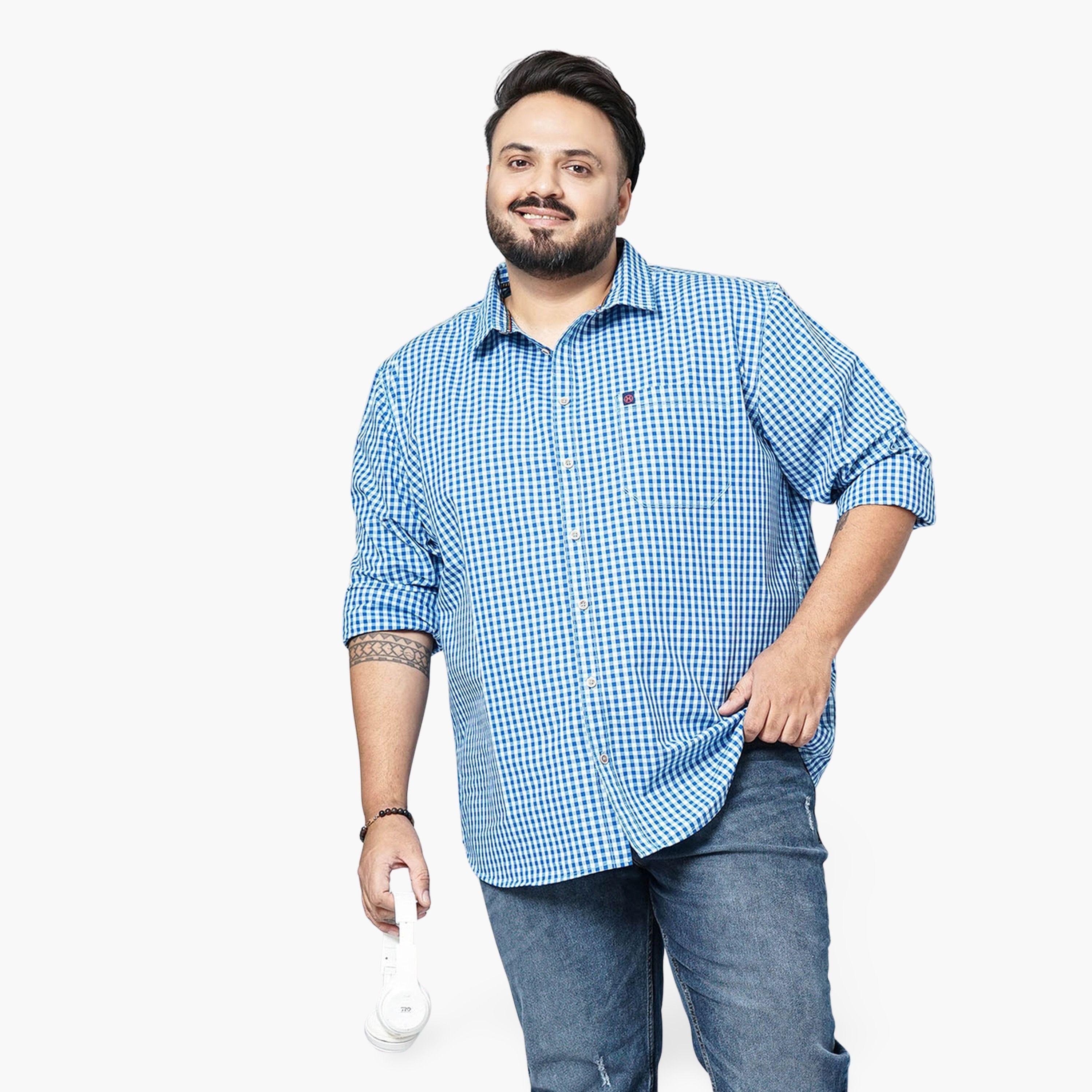 HardSoda X Styli Plus Size Blue Checked Cotton Blend Shirt-men-clothing-shirts-image-1