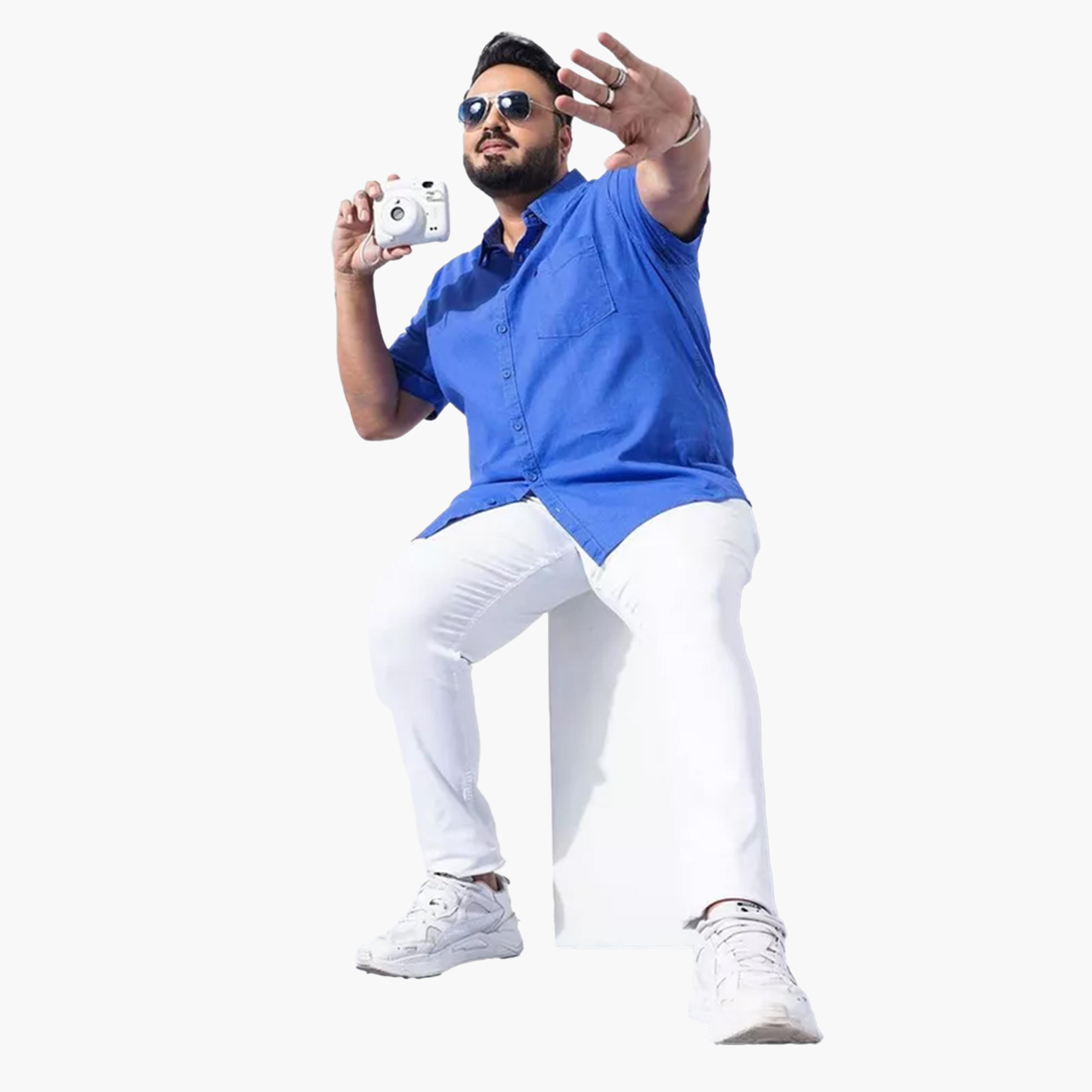 هارد صودا × ستايلي - قميص قطني أزرق سادة مقاس كبير-men-clothing-shirts-image-2