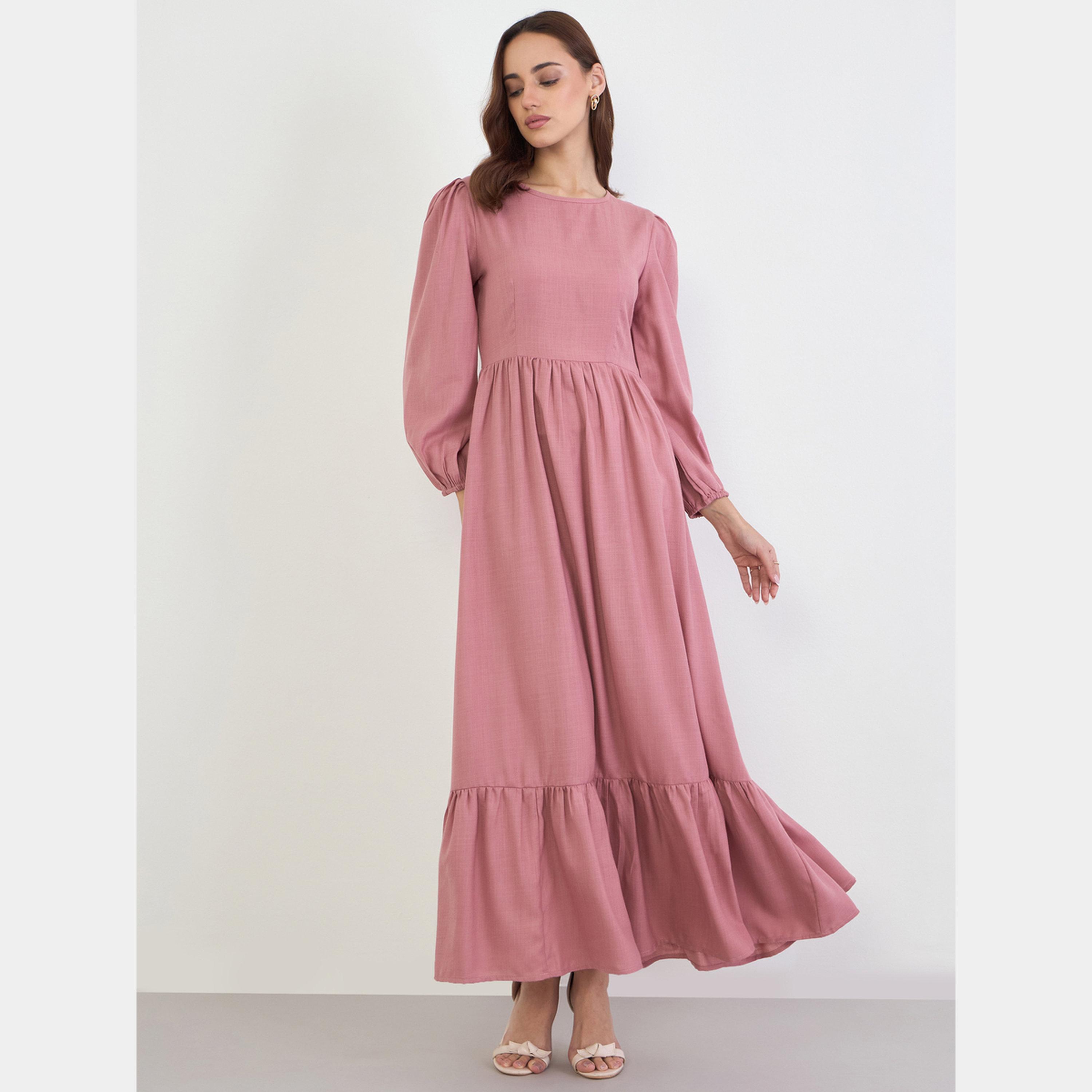 Styli Solid Round Neck Balloon Sleeves Women's A-line Maxi Dress-women-clothing-dresses-image-1