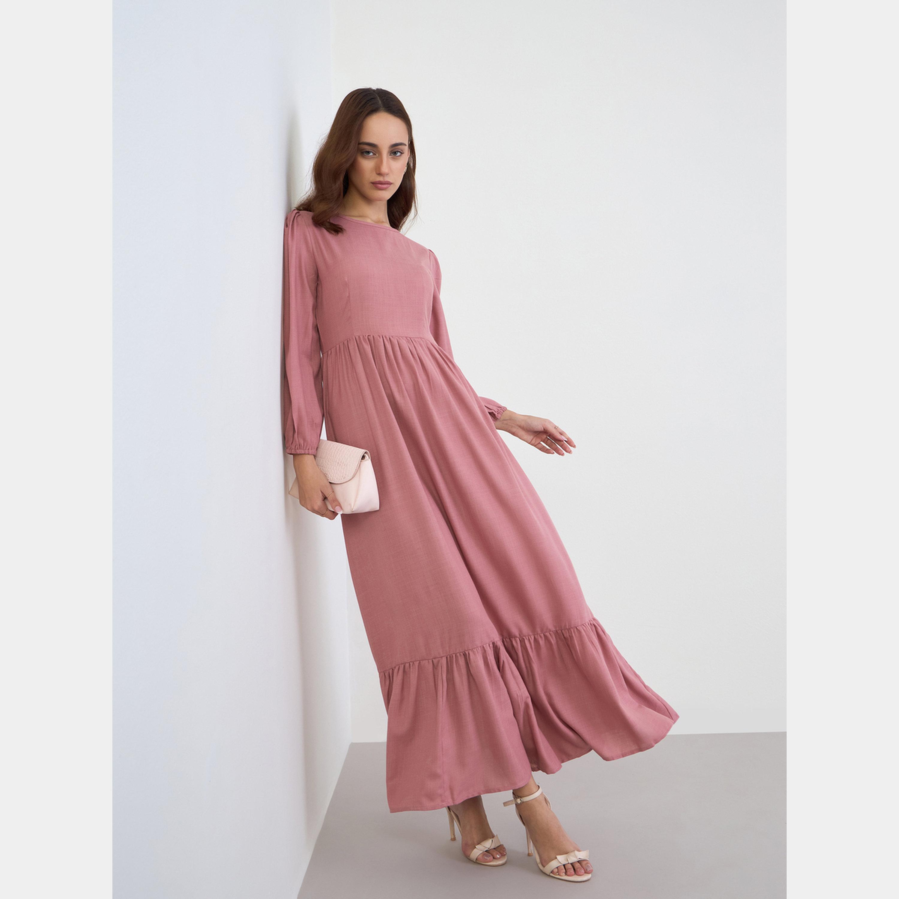 Styli Solid Round Neck Balloon Sleeves Women's A-line Maxi Dress-women-clothing-dresses-image-2