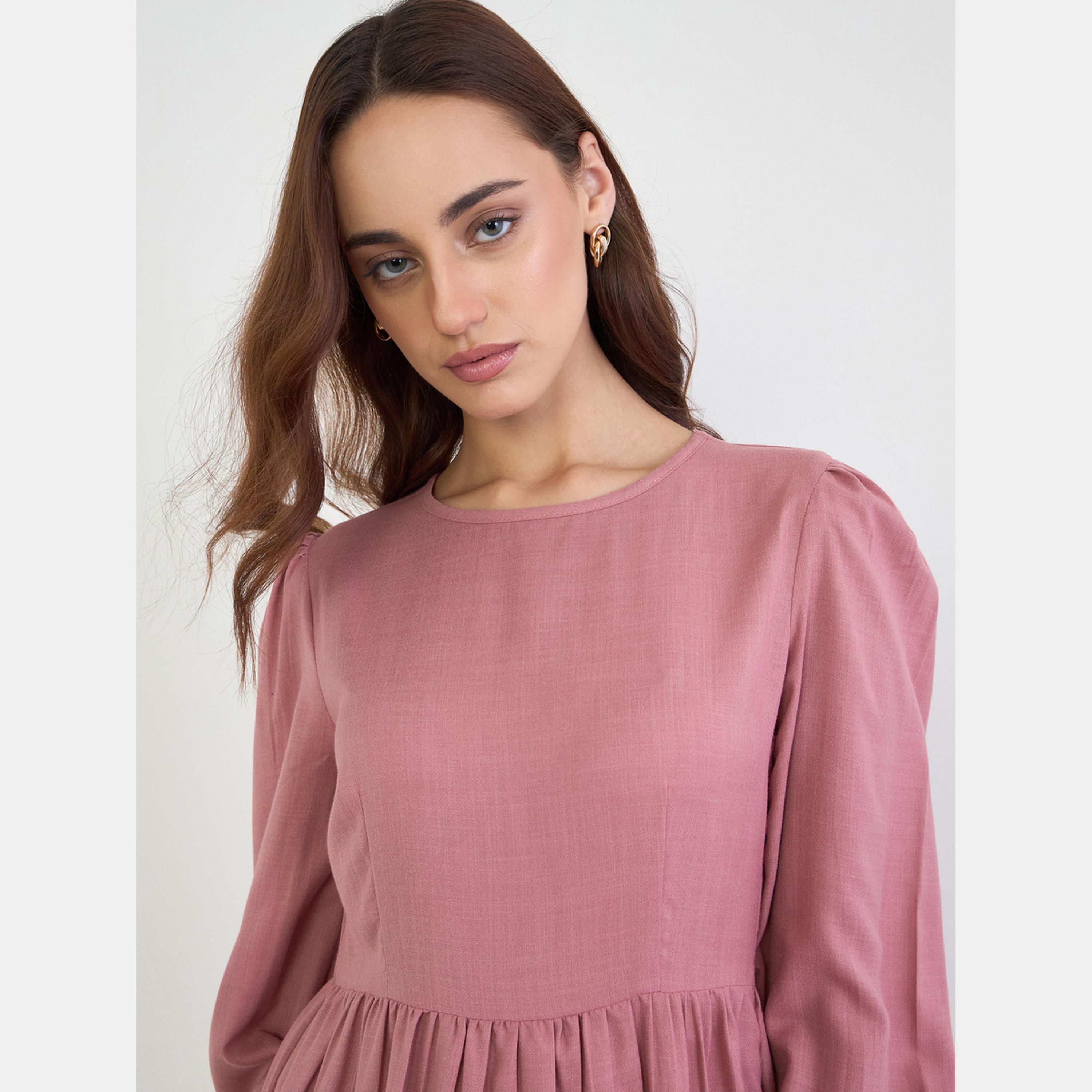 Styli Solid Round Neck Balloon Sleeves Women's A-line Maxi Dress-women-clothing-dresses-image-3