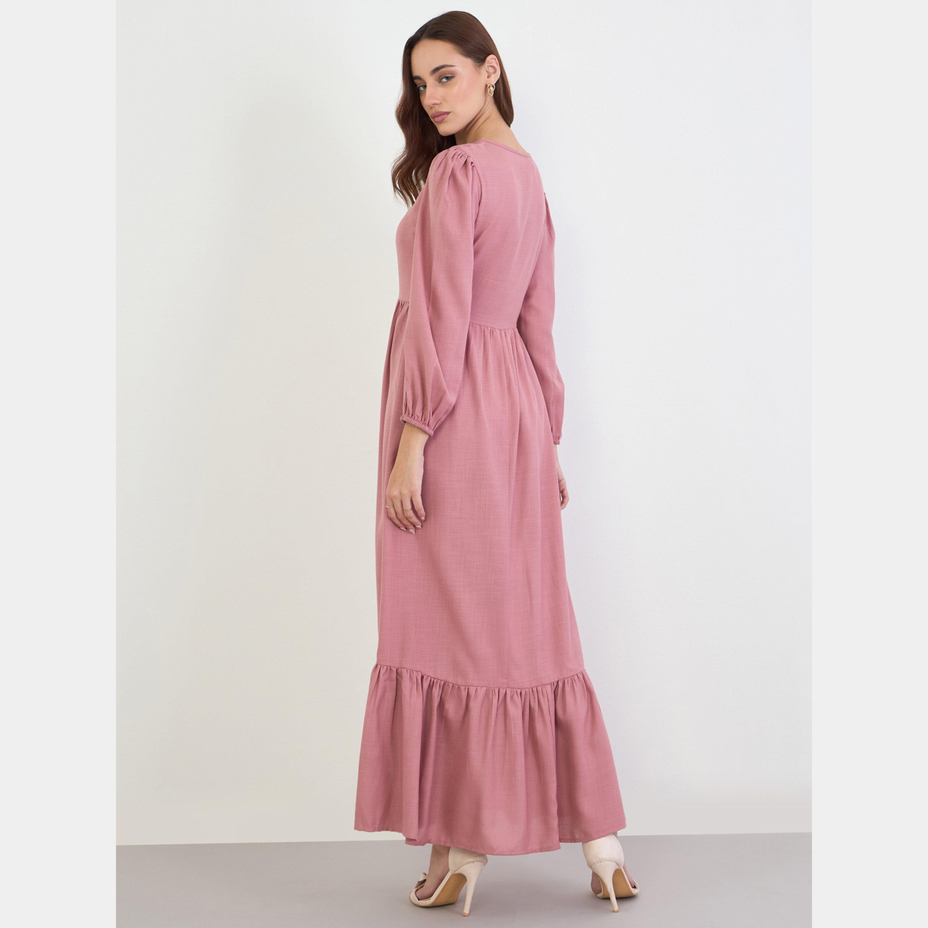 Styli Solid Round Neck Balloon Sleeves Women's A-line Maxi Dress-women-clothing-dresses-image-4