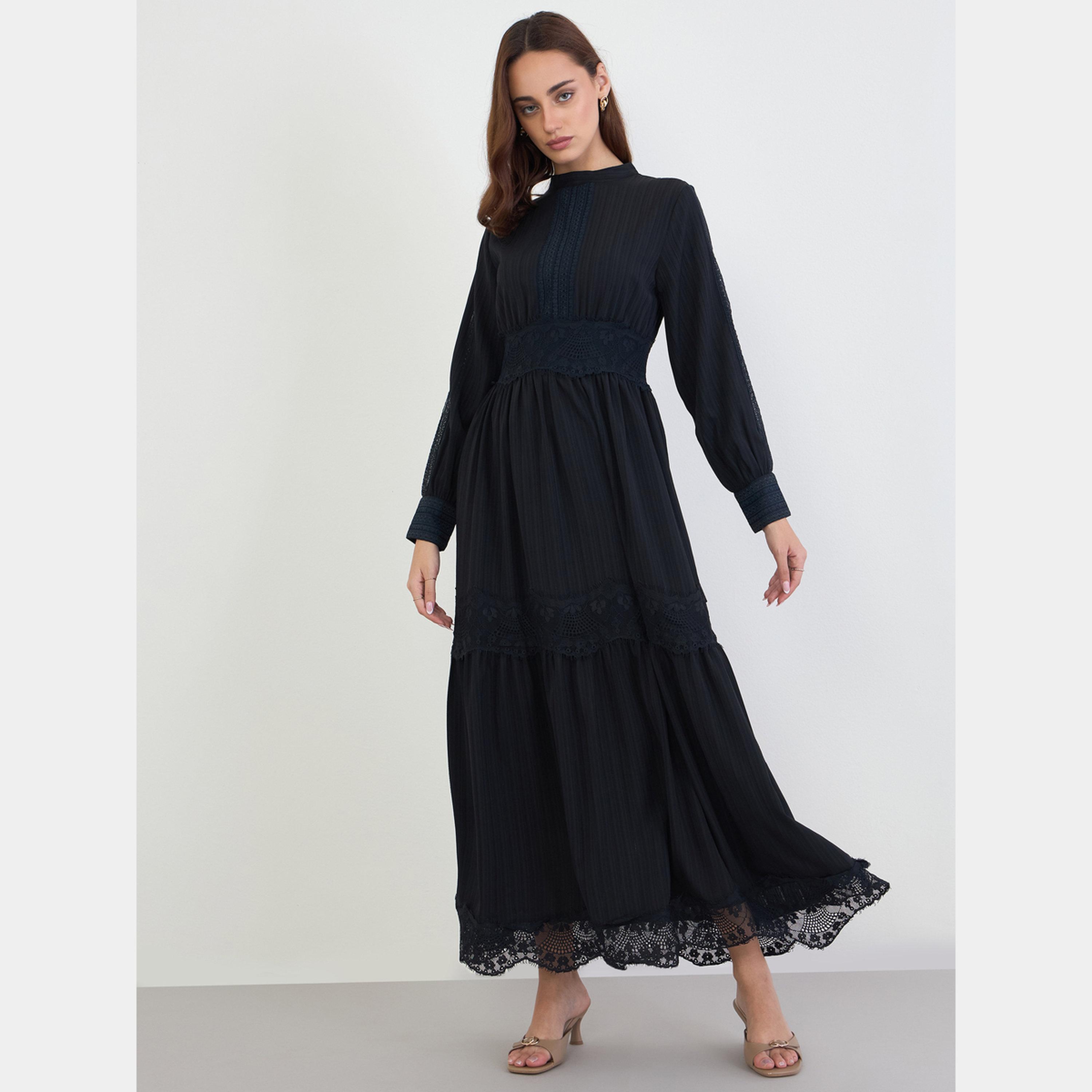 Styli Black Lace Insert Mock Neck Long Sleeves Women's Tiered Maxi Dress-women-clothing-dresses-image-1