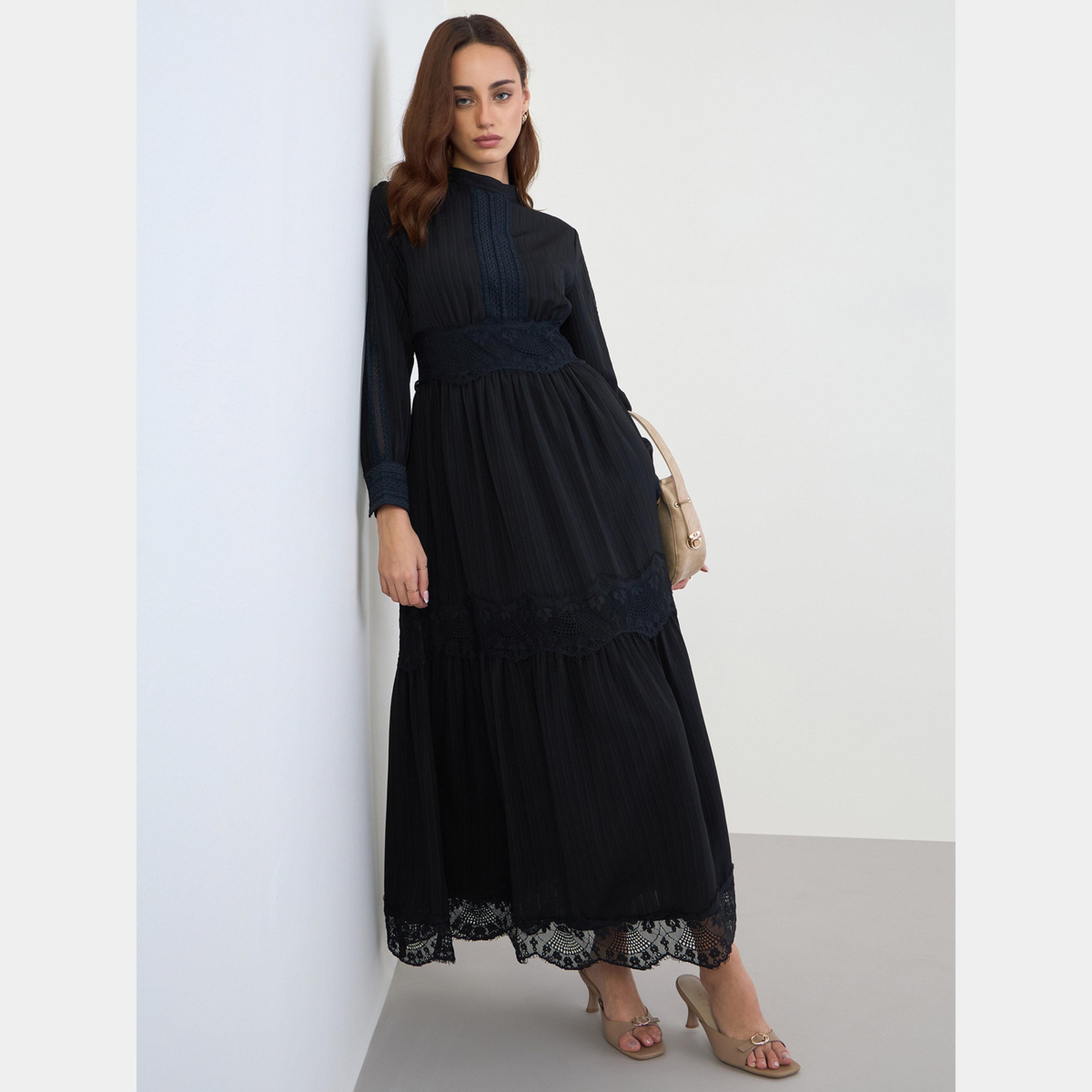 Styli Black Lace Insert Mock Neck Long Sleeves Women's Tiered Maxi Dress-women-clothing-dresses-image-2
