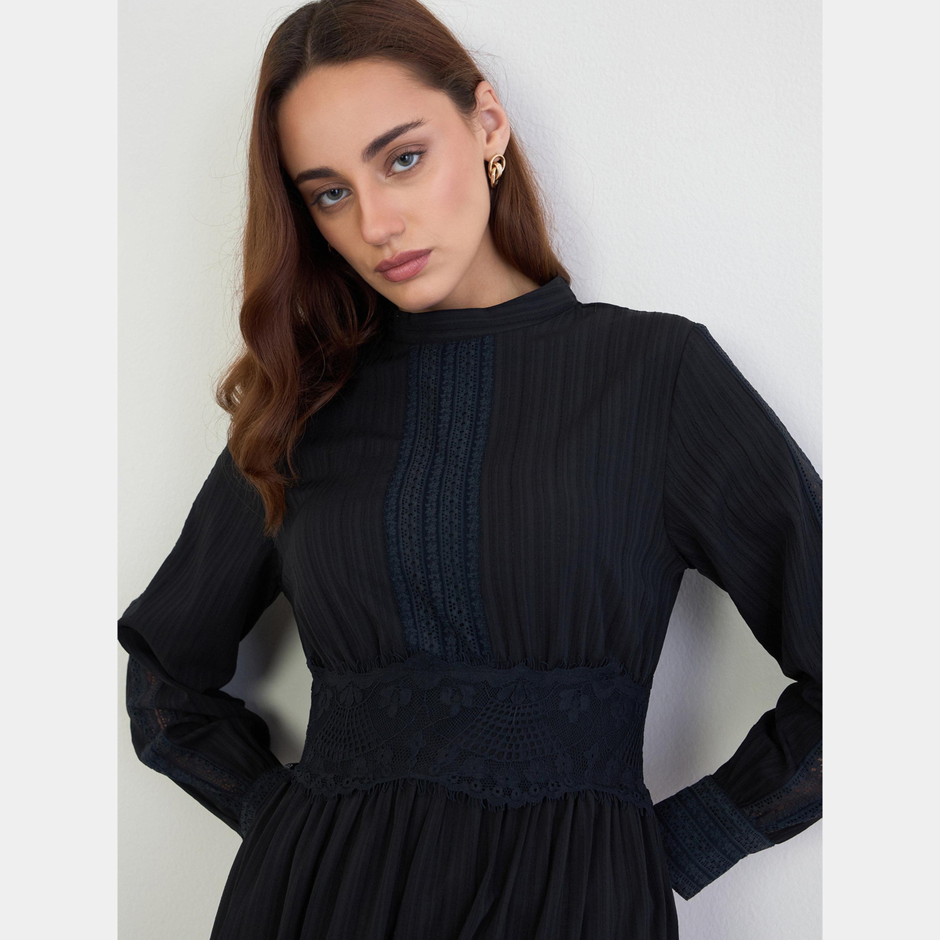 Styli Black Lace Insert Mock Neck Long Sleeves Women's Tiered Maxi Dress-women-clothing-dresses-image-3