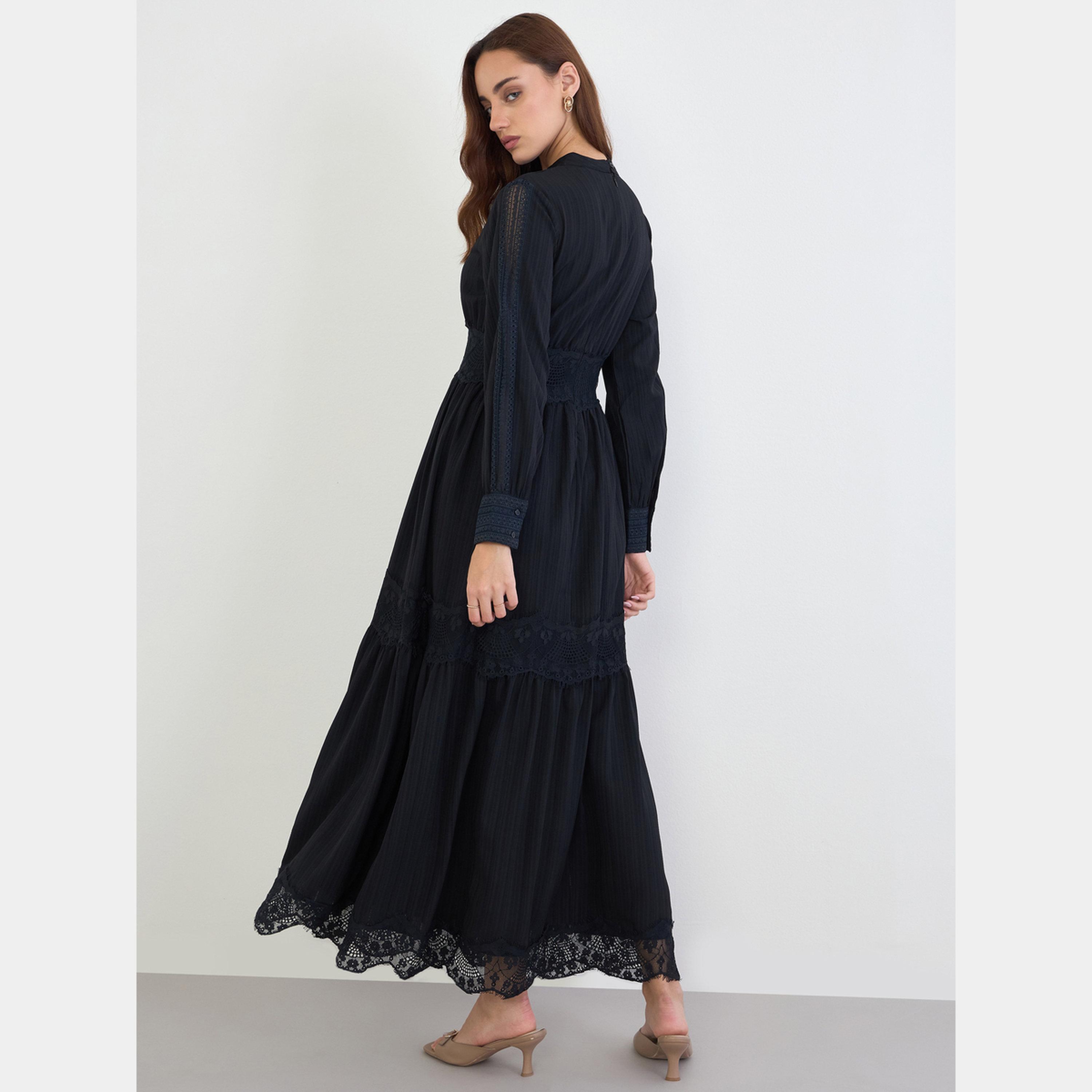 Styli Black Lace Insert Mock Neck Long Sleeves Women's Tiered Maxi Dress-women-clothing-dresses-image-4