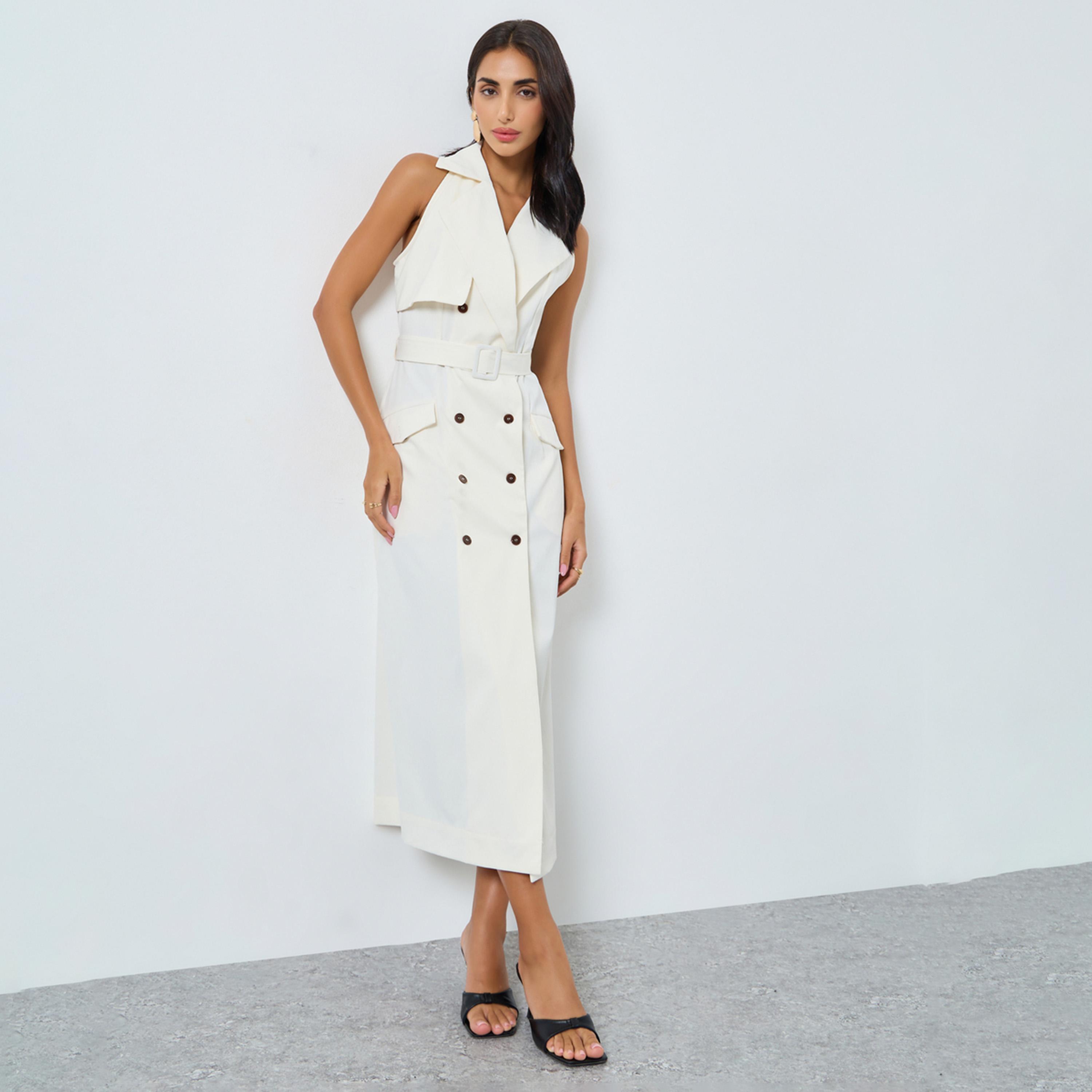 ستايلي - فستان بليزر متوسط ​​الطول بدون أكمام وحزام بلون كريمي-women-clothing-dresses-image-1