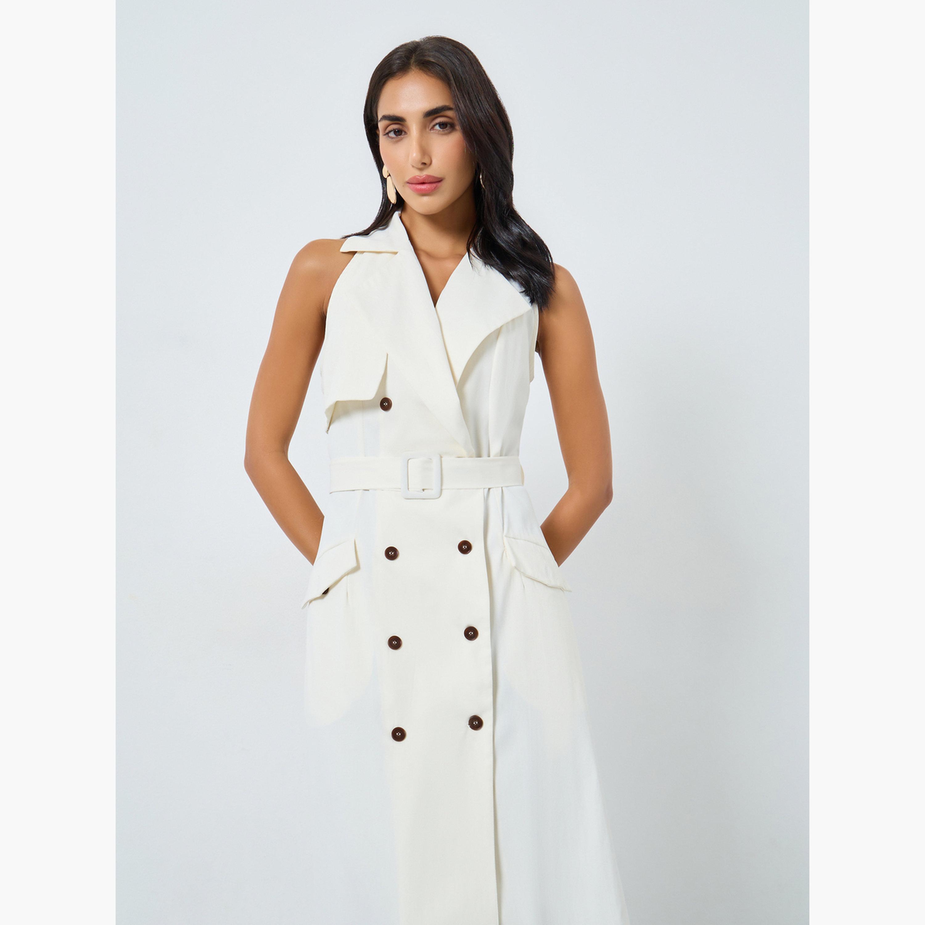 ستايلي - فستان بليزر متوسط ​​الطول بدون أكمام وحزام بلون كريمي-women-clothing-dresses-image-2