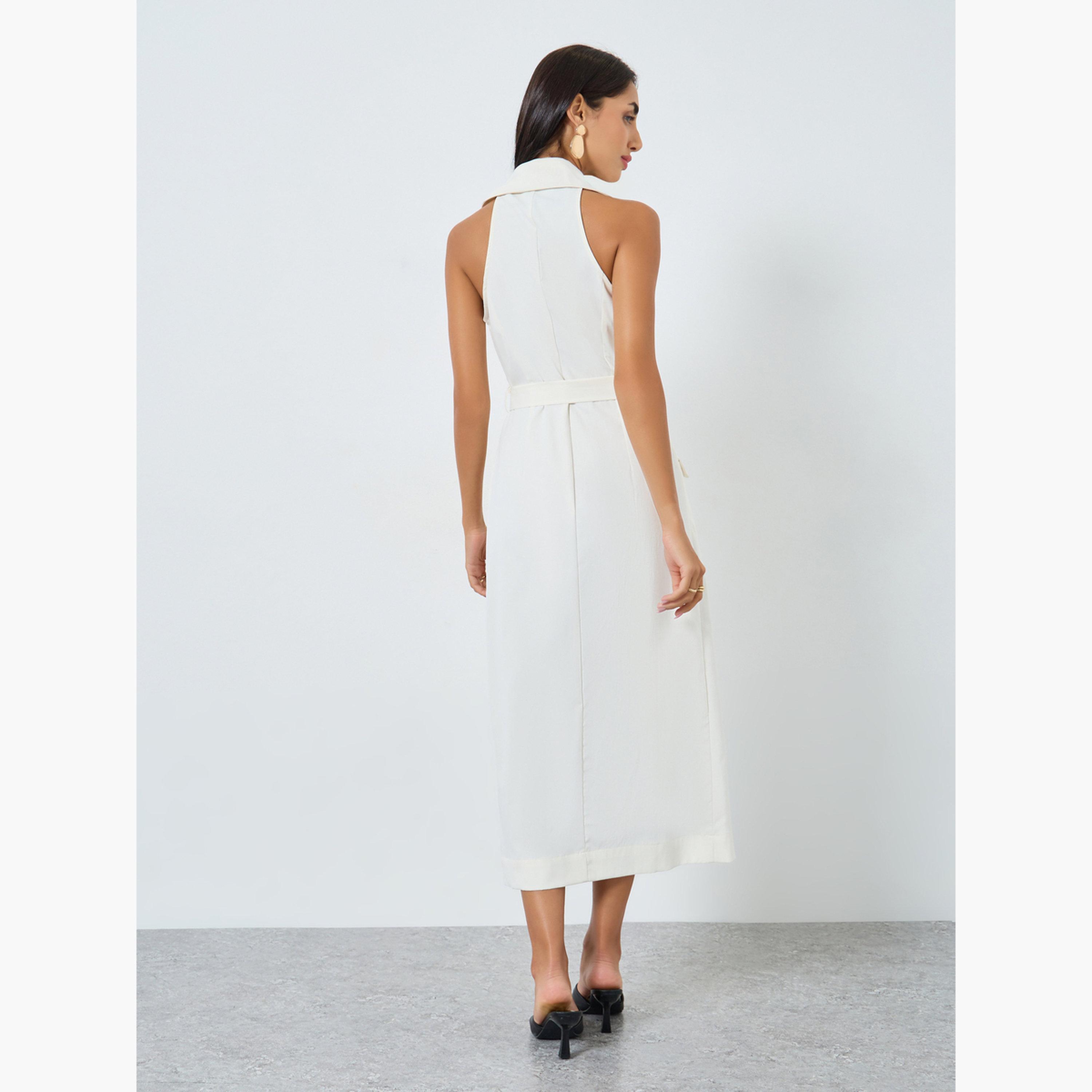 ستايلي - فستان بليزر متوسط ​​الطول بدون أكمام وحزام بلون كريمي-women-clothing-dresses-image-4