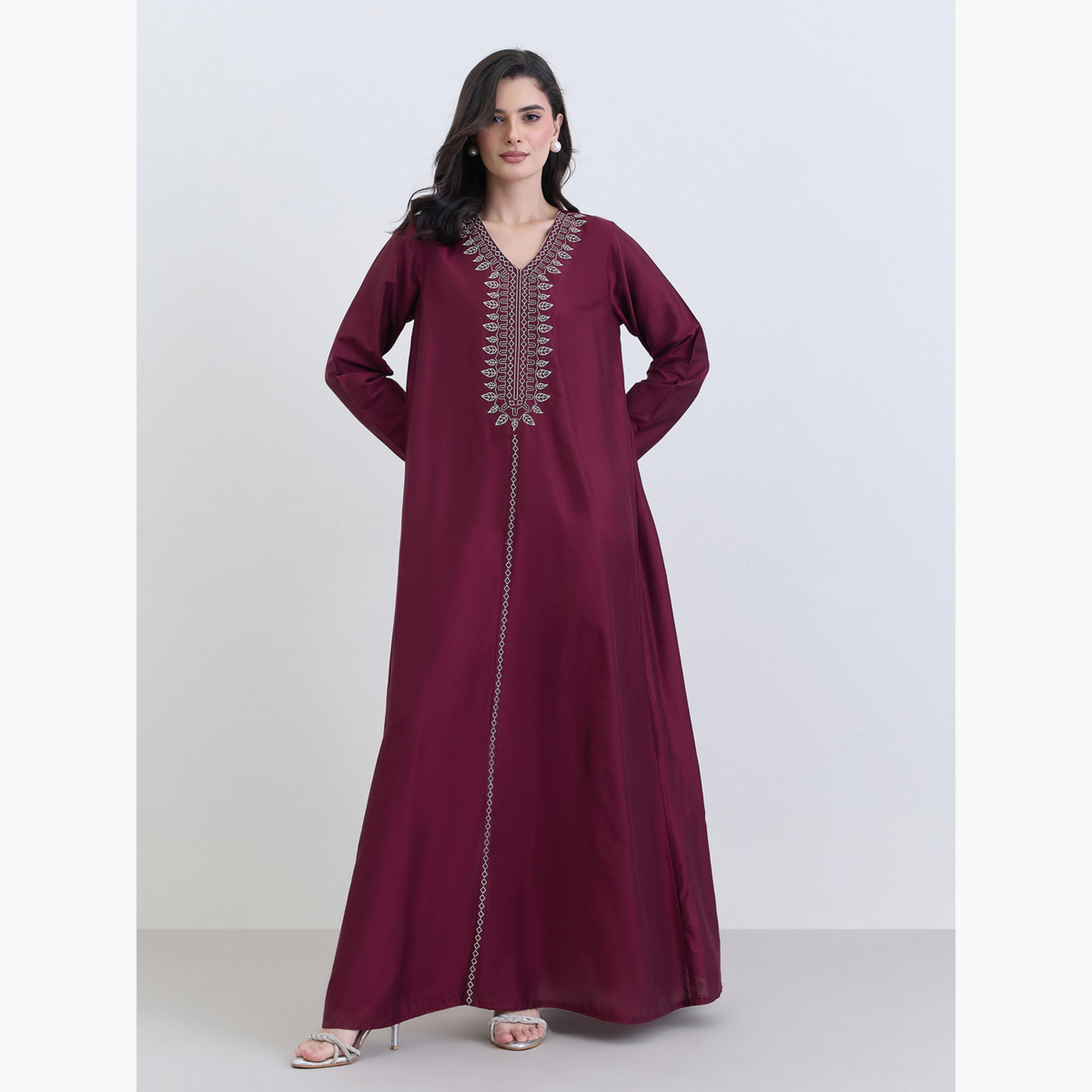Styli Burgundy Embroidered A-Line Jalabiya-women-arabicclothing-jalabiyas-image-1