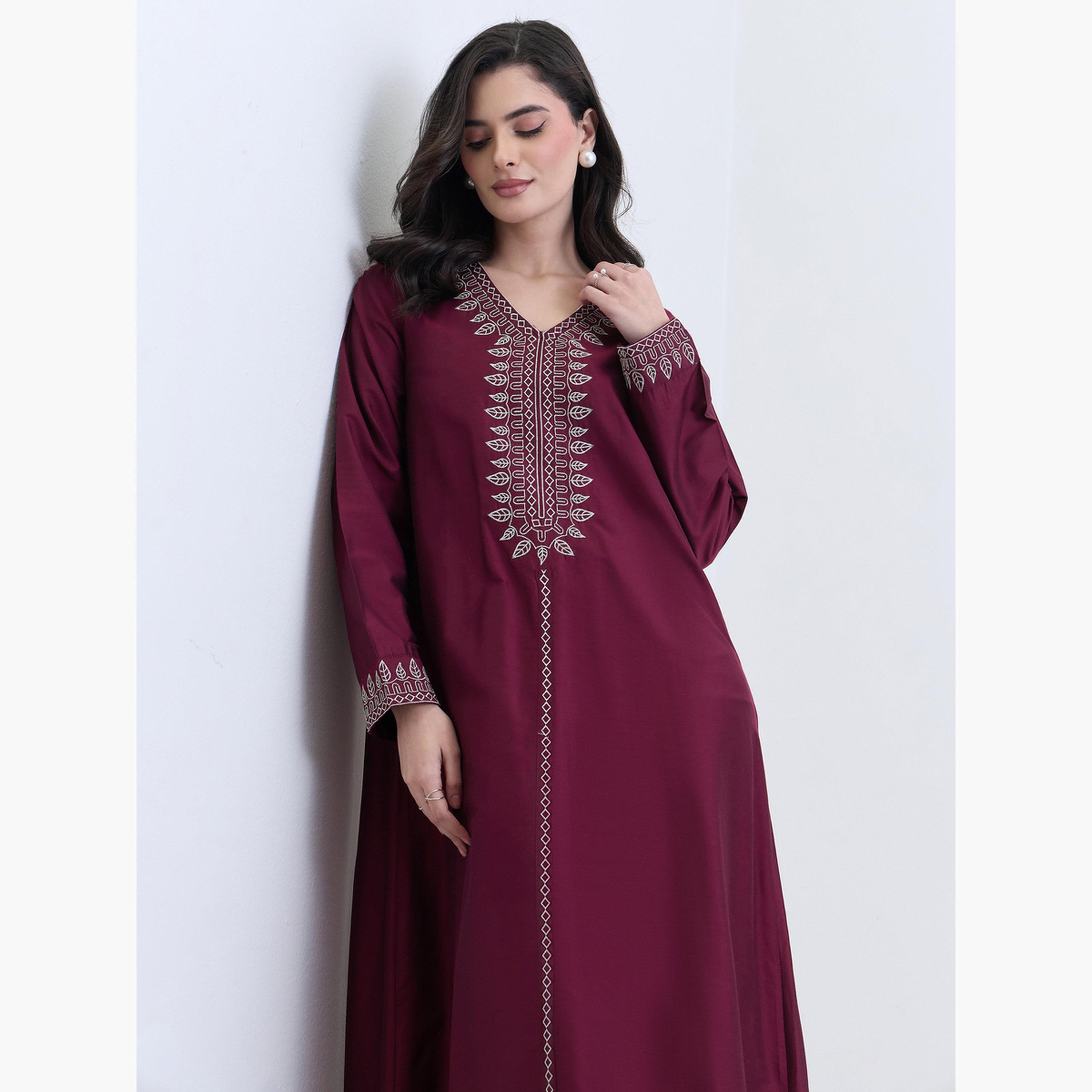 Styli Burgundy Embroidered A-Line Jalabiya-women-arabicclothing-jalabiyas-image-3