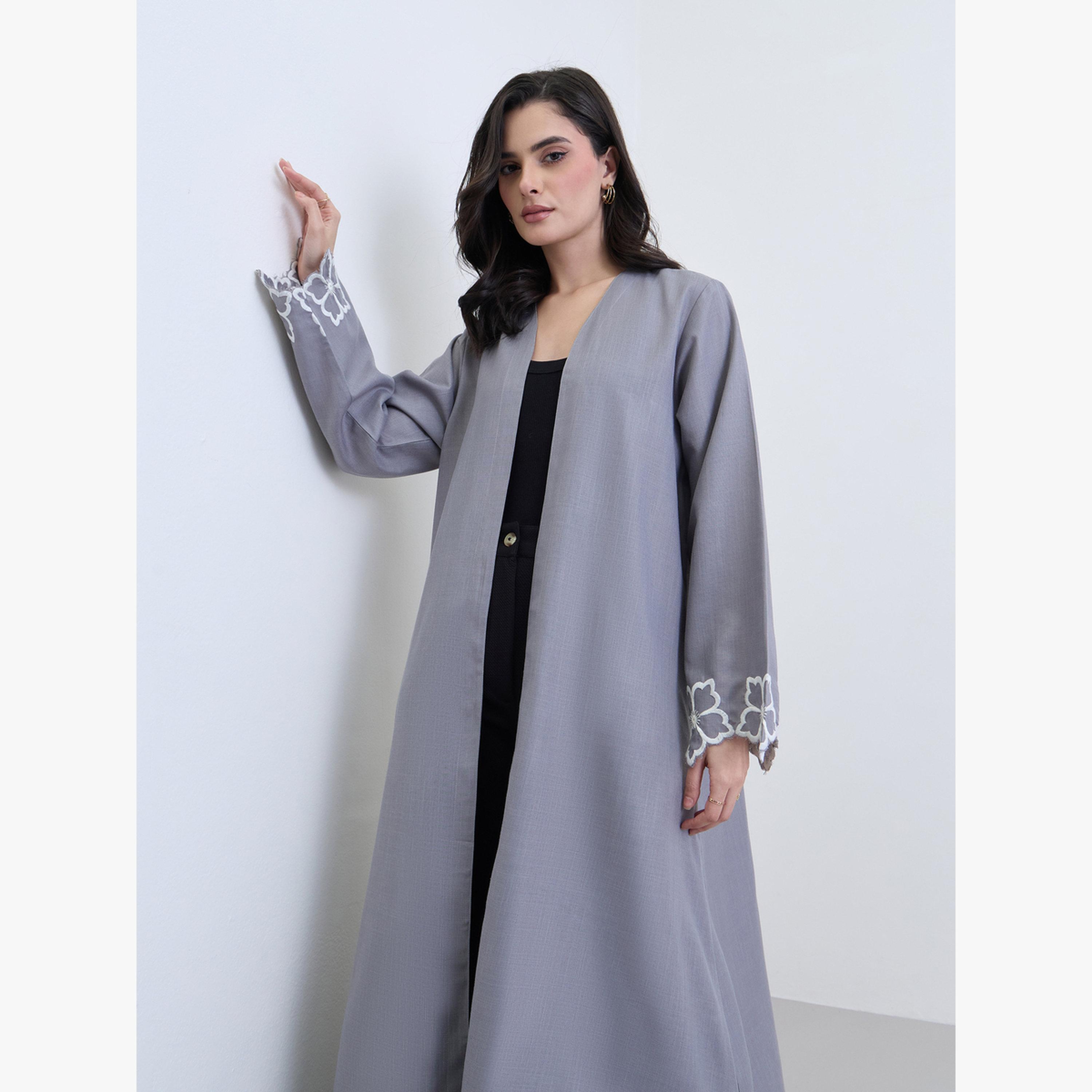 Styli Grey Embroidered Sleeve Open Abaya-women-arabicclothing-abayas-image-5