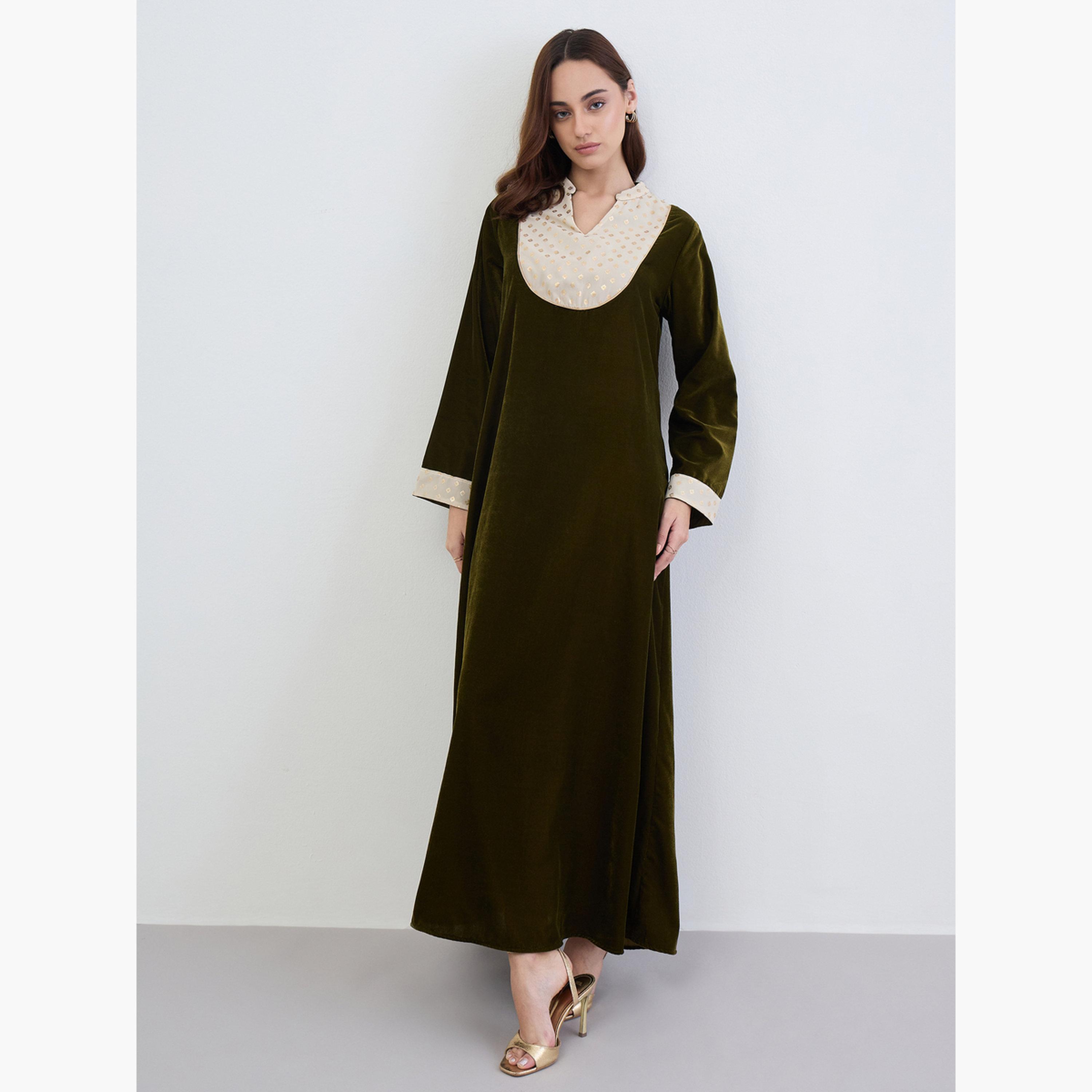 Amirah X Styli Olive Velvet Printed Neckline Jalabiya-women-arabicclothing-jalabiyas-image-1