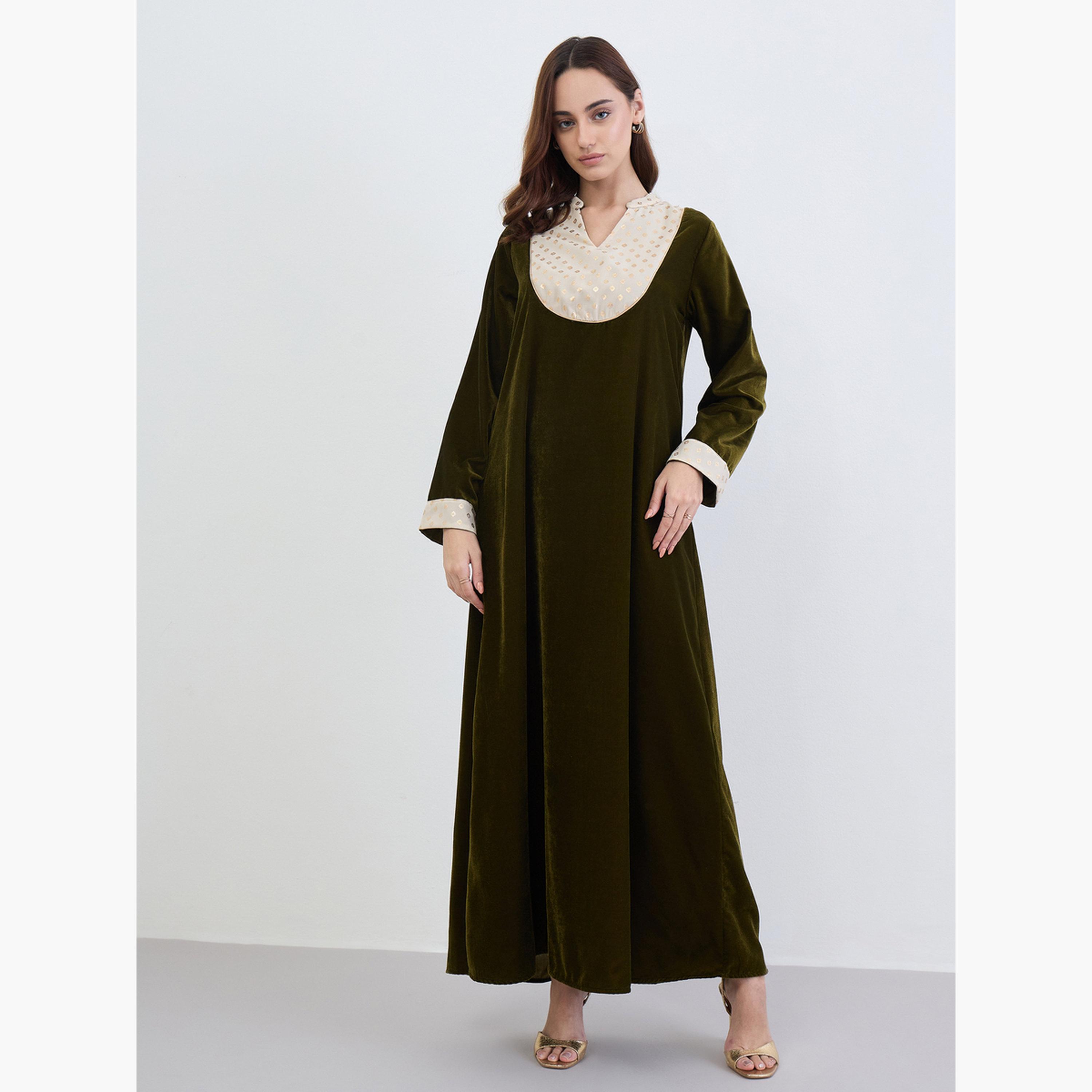 Amirah X Styli Olive Velvet Printed Neckline Jalabiya-women-arabicclothing-jalabiyas-image-2