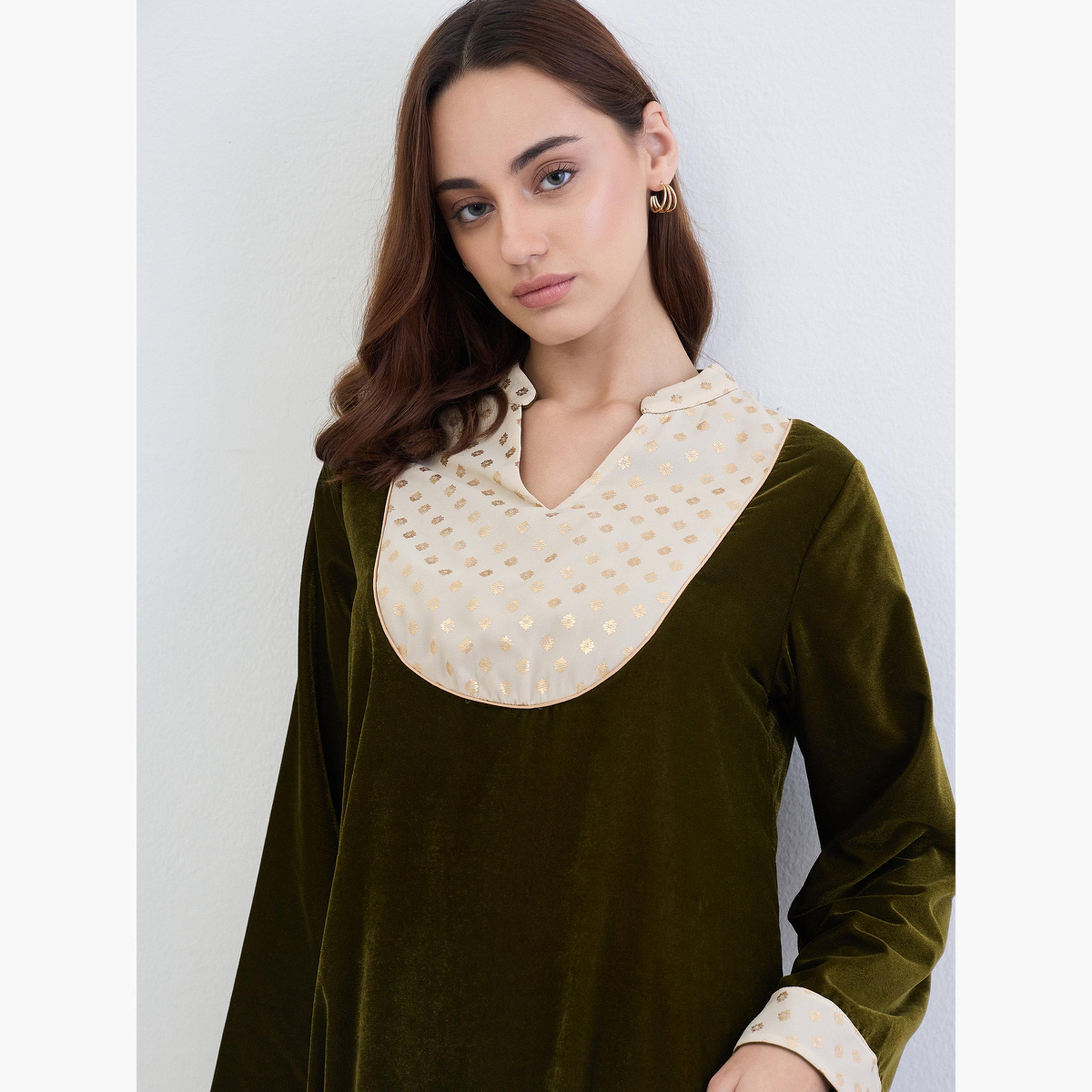 أميرة x ستايلي جلابية مخمل بياقة مطبعة بتفاصيل مُتباينة-women-arabicclothing-jalabiyas-image-3