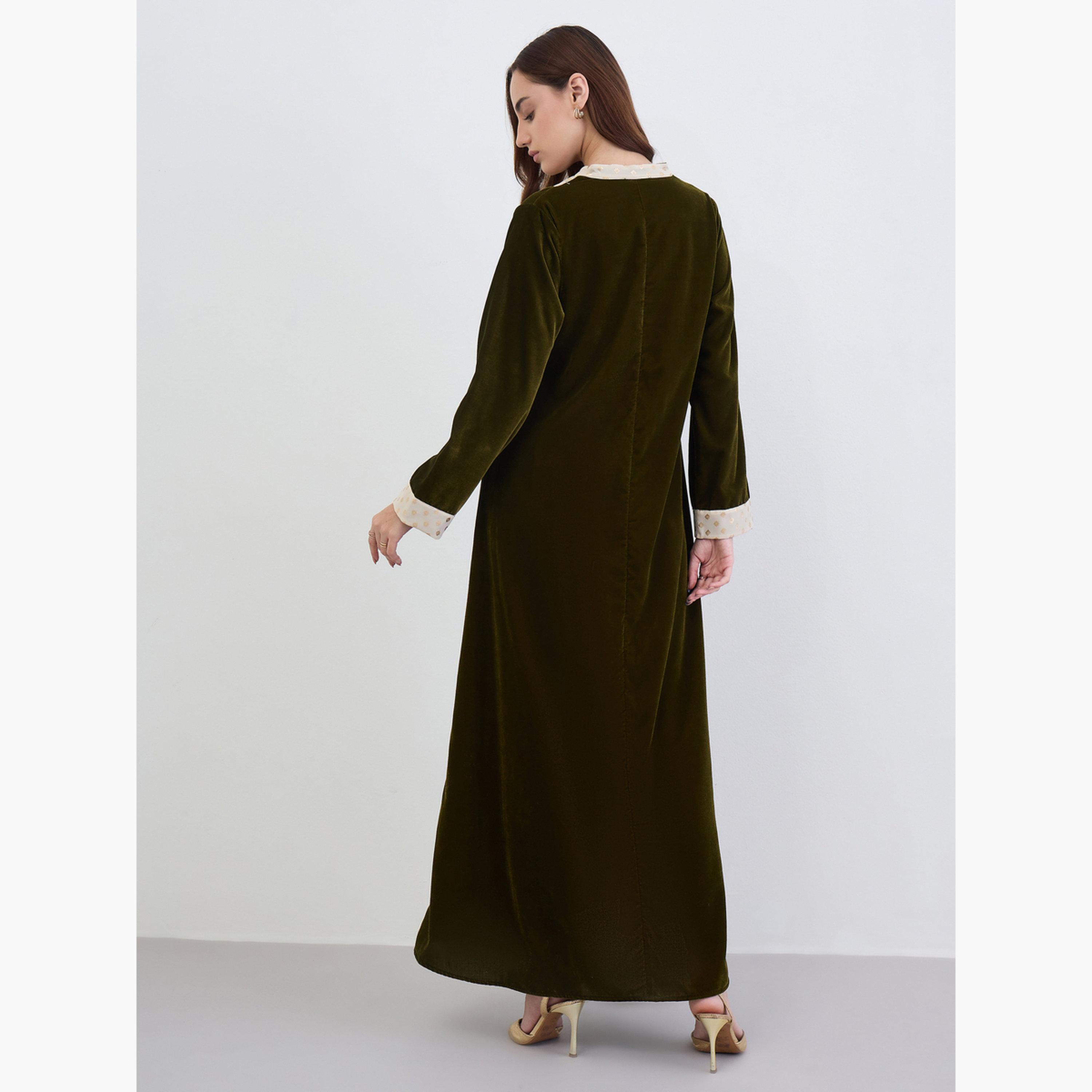Amirah X Styli Olive Velvet Printed Neckline Jalabiya-women-arabicclothing-jalabiyas-image-5