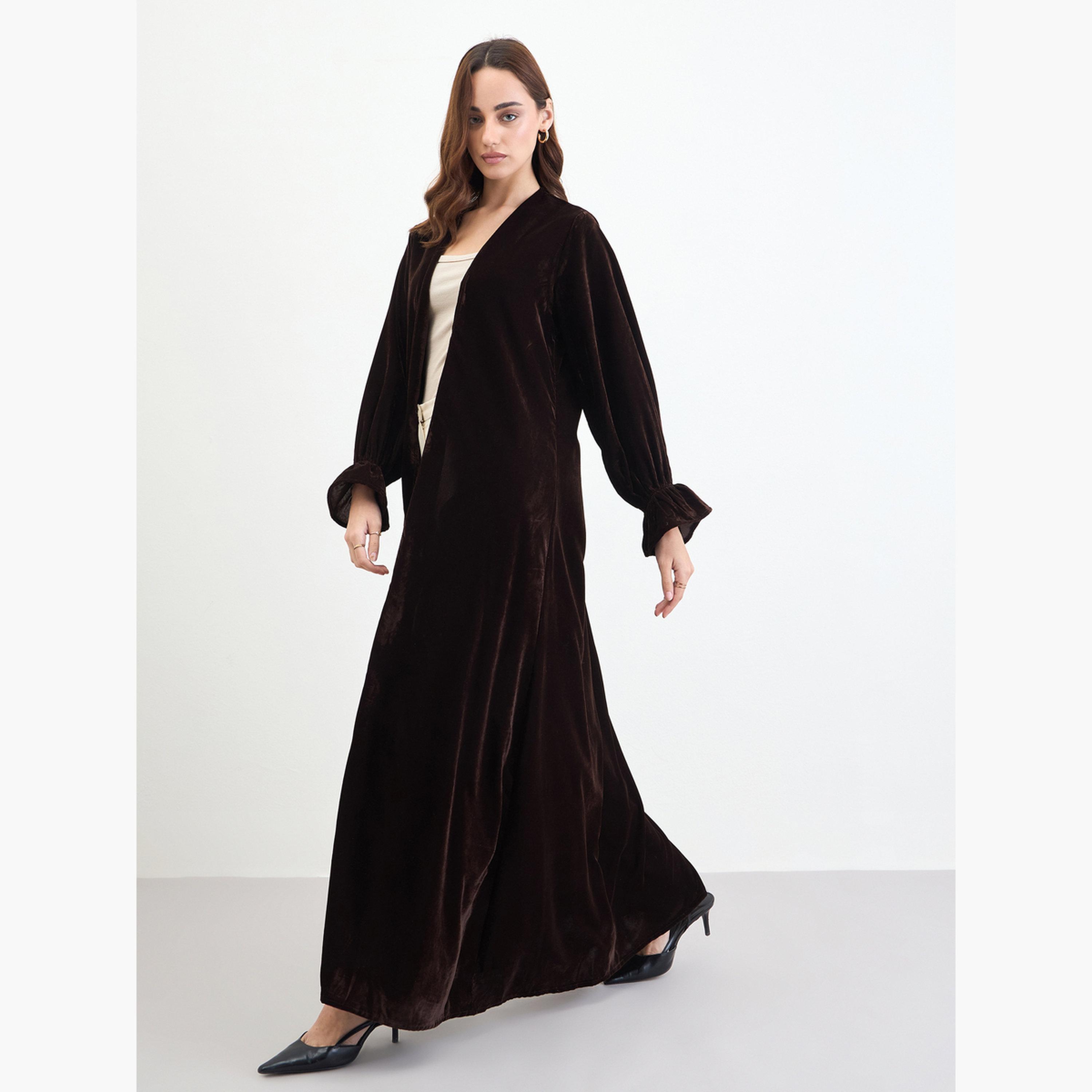 Styli Brown Velvet Elastic Sleeve Cuff Abaya-women-arabicclothing-abayas-image-2