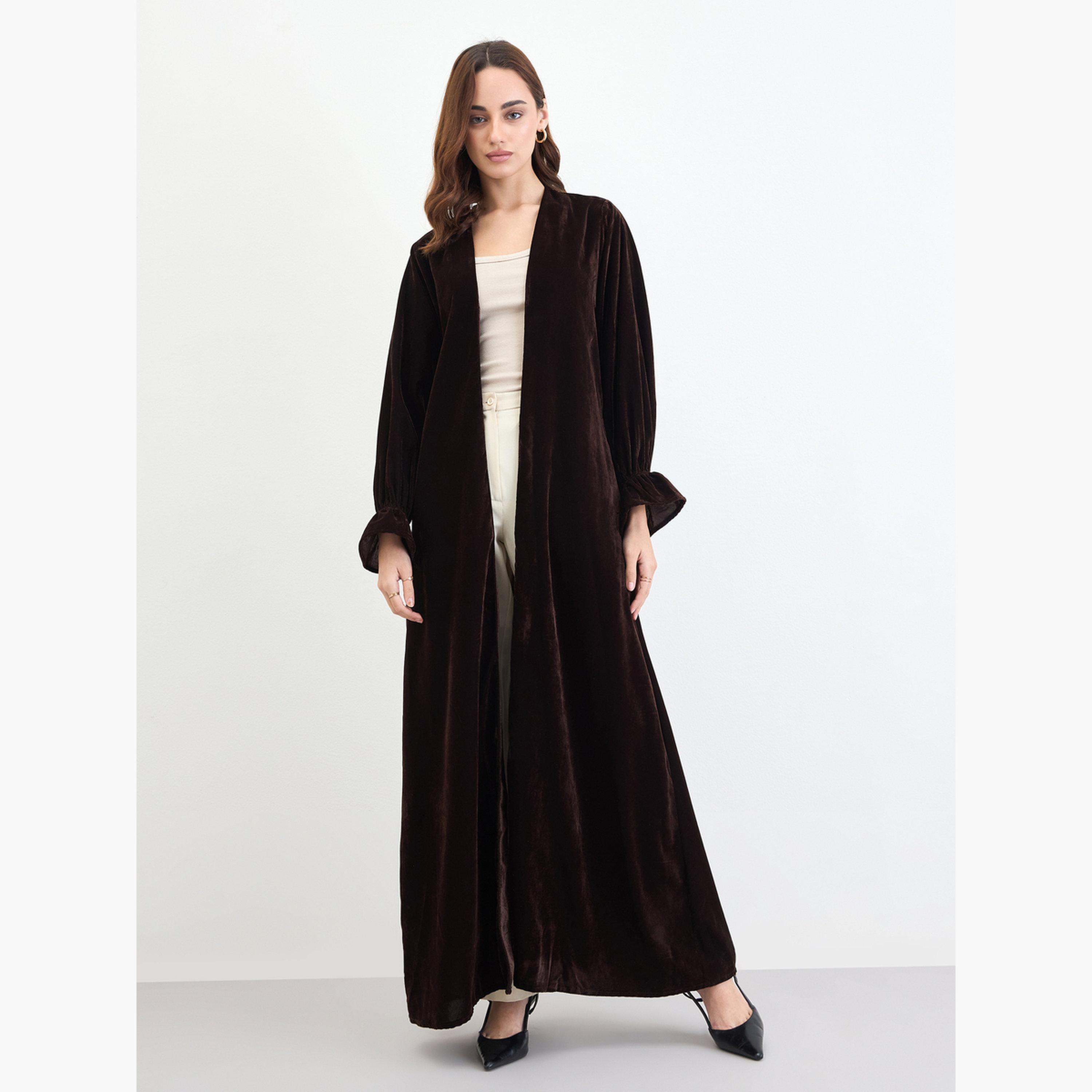 ستايلي - عباية مخملية بنية اللون بأكمام مرنة-women-arabicclothing-abayas-image-3