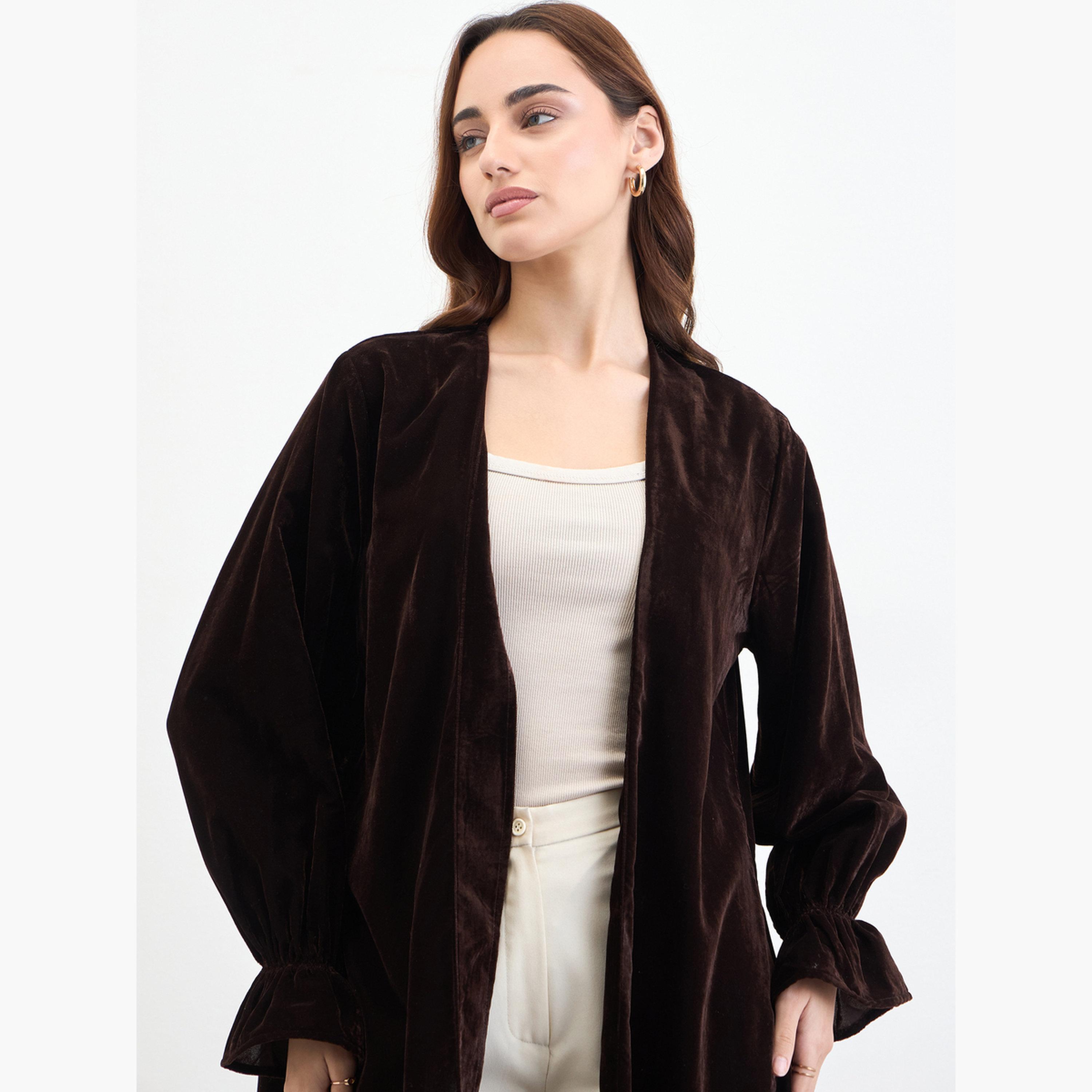Styli Brown Velvet Elastic Sleeve Cuff Abaya-women-arabicclothing-abayas-image-4
