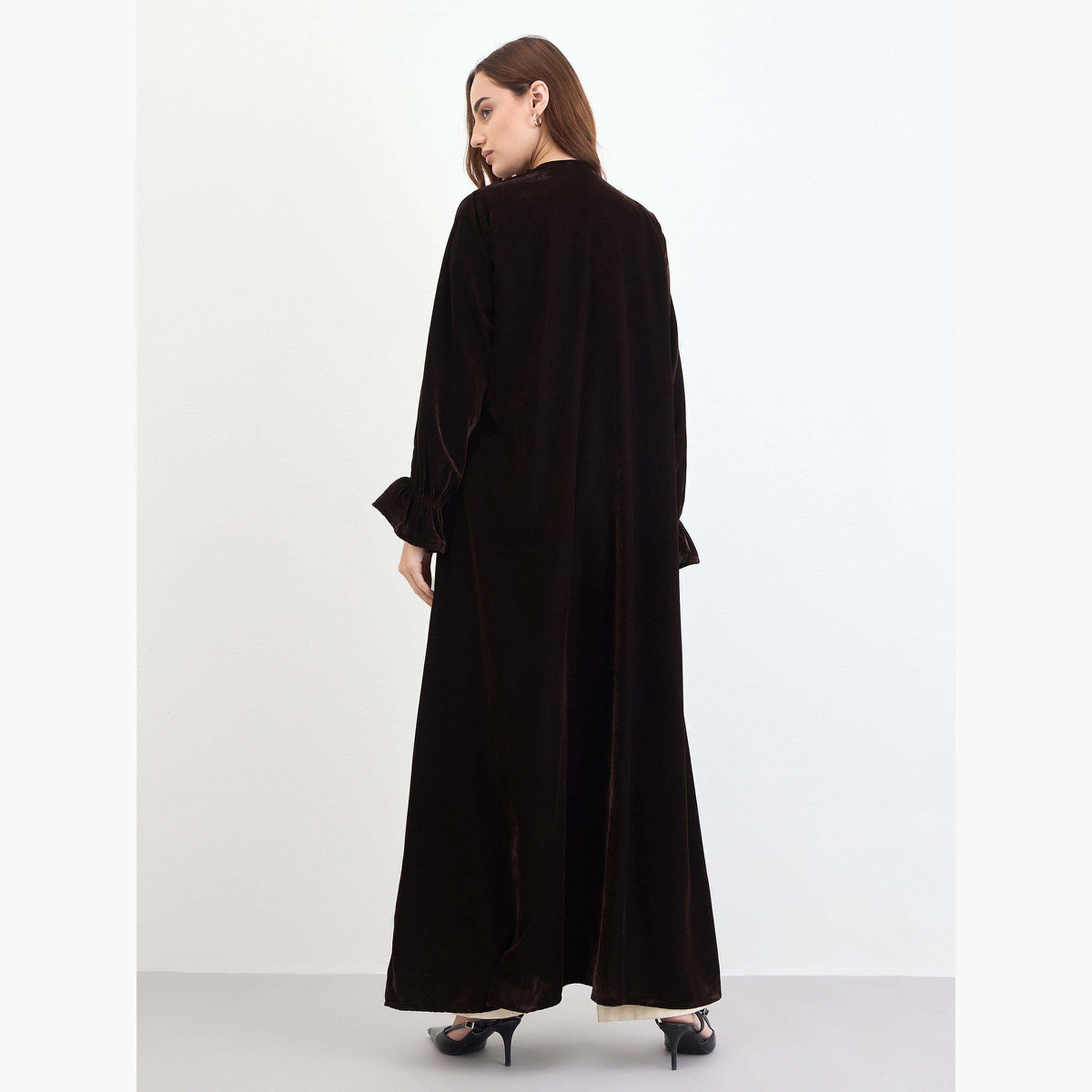 Styli Brown Velvet Elastic Sleeve Cuff Abaya-women-arabicclothing-abayas-image-5