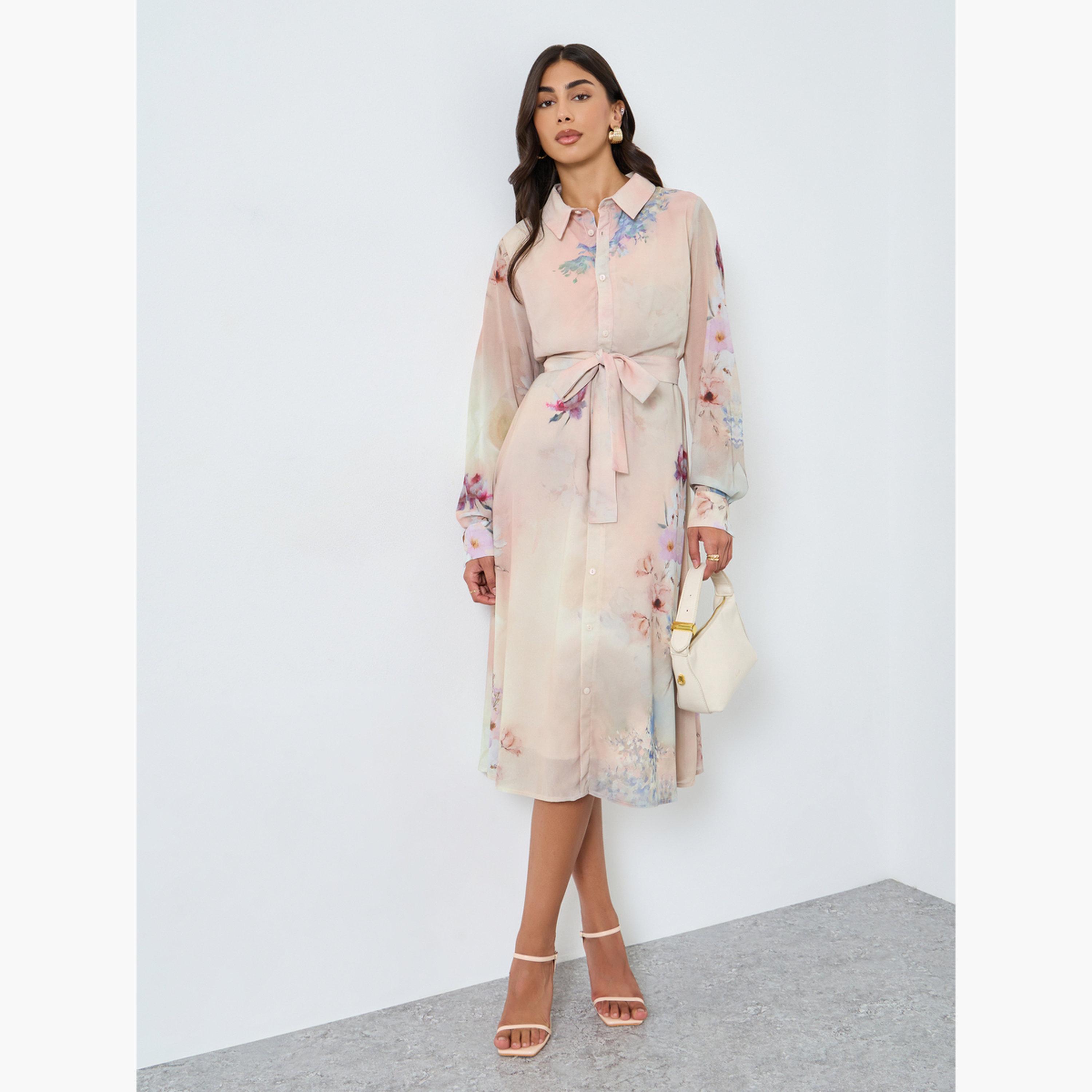 Styli Floral Print A-Line Midi Dress with 3/4th Sleeves-women-clothing-dresses-image-2