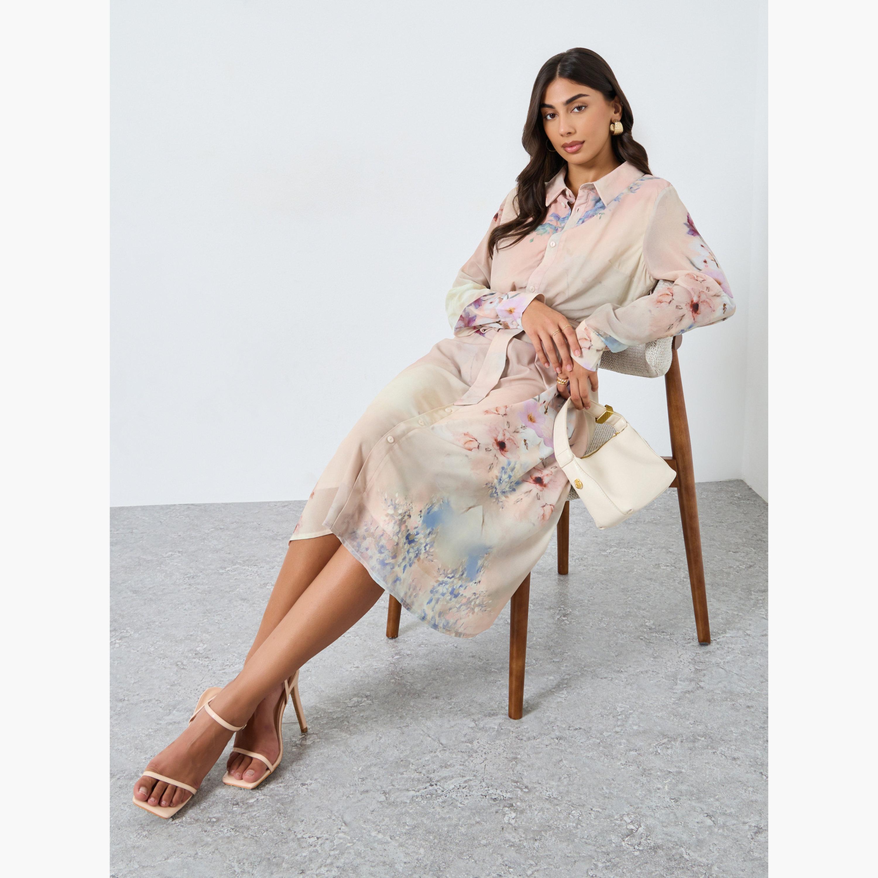 Styli Floral Print A-Line Midi Dress with 3/4th Sleeves-women-clothing-dresses-image-3