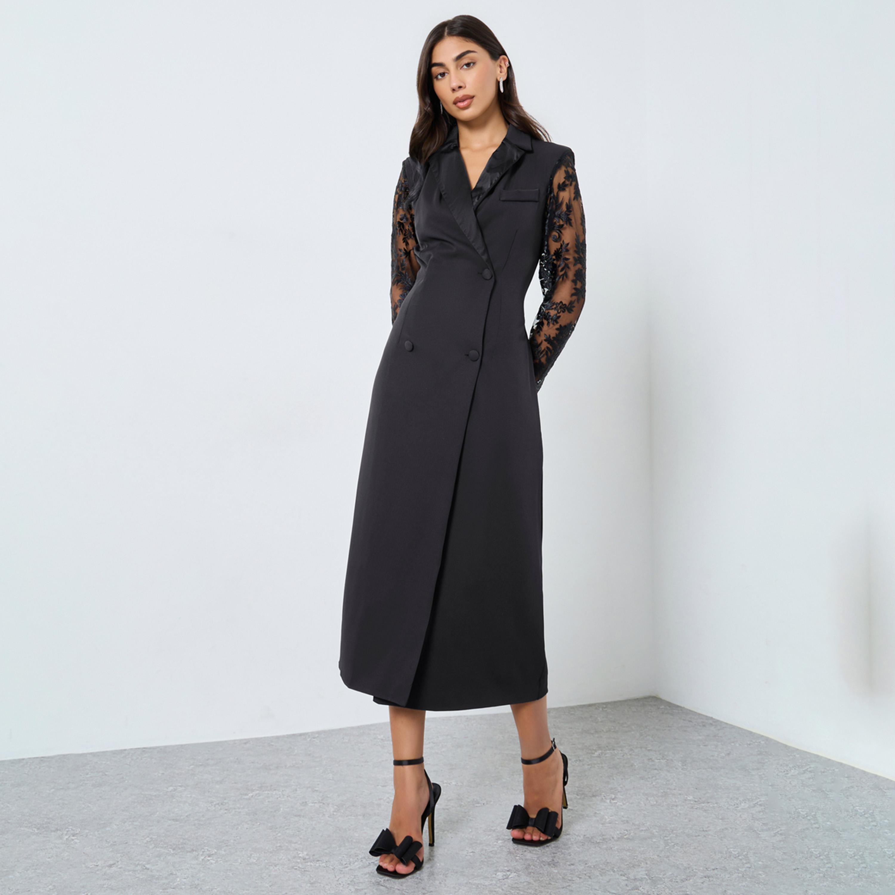 ستايلي - فستان ميدي بأكمام من الدانتيل الأسود-women-clothing-dresses-image-1