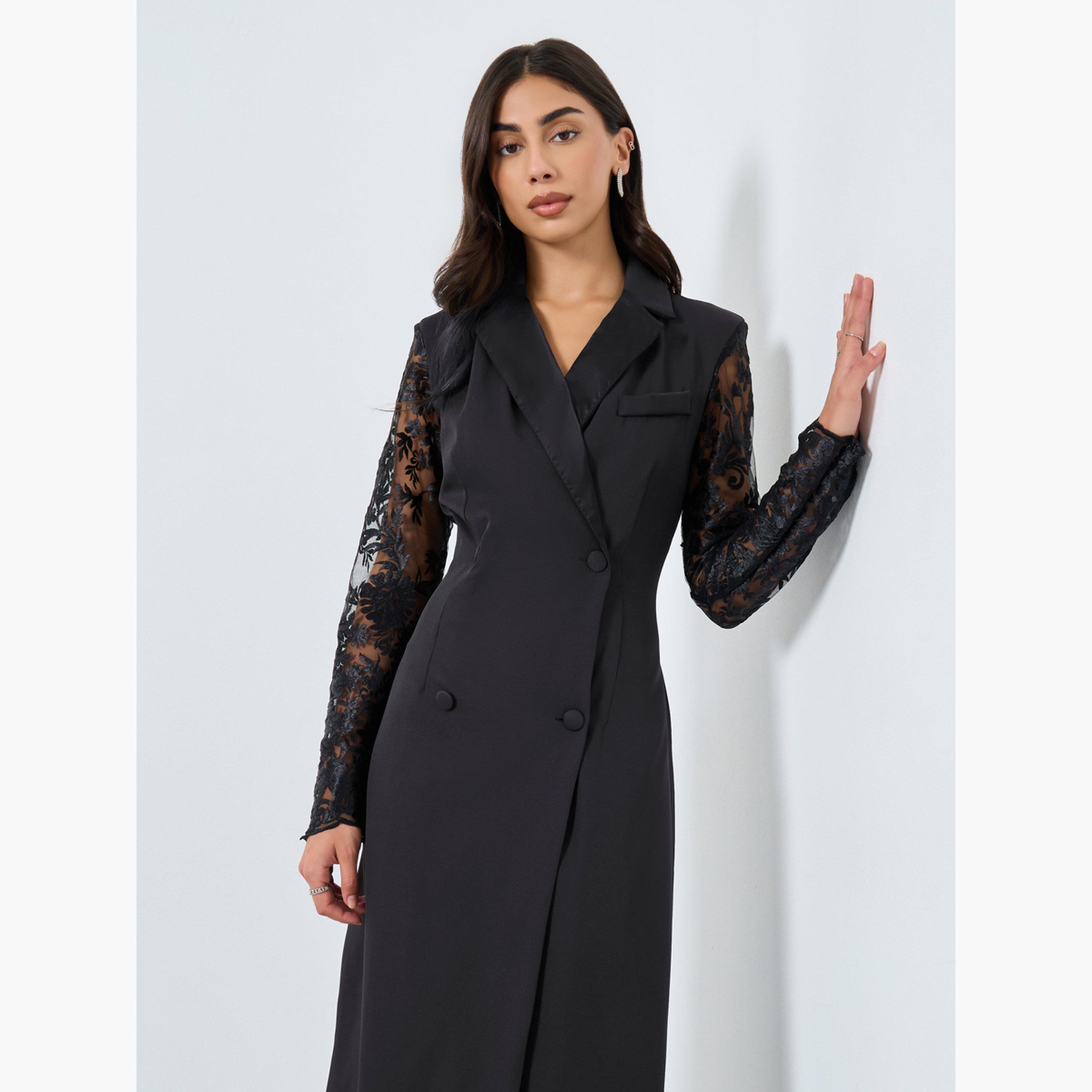 Styli Black Lace Sleeve Blazer Midi Dress-women-clothing-dresses-image-2