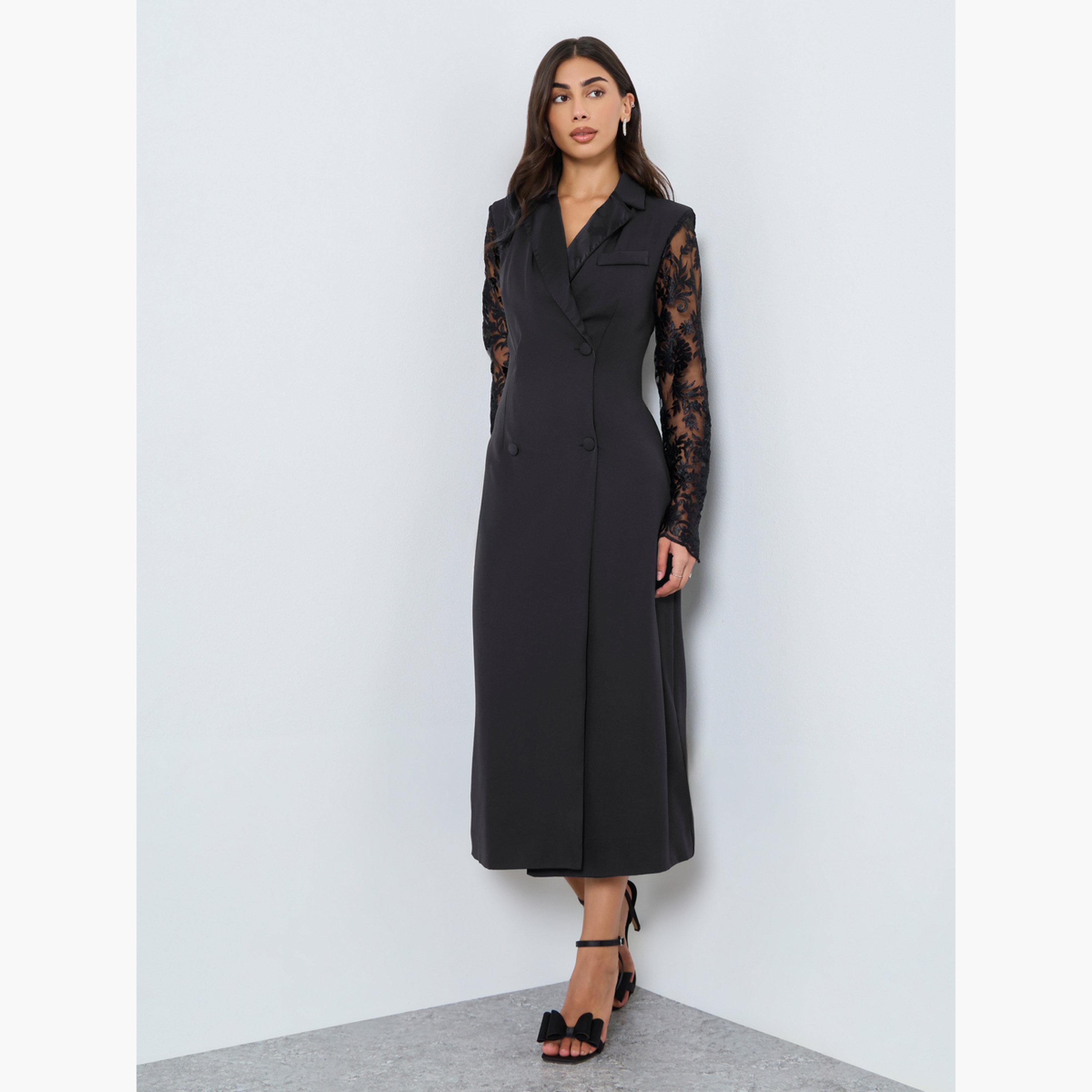 Styli Black Lace Sleeve Blazer Midi Dress-women-clothing-dresses-image-3