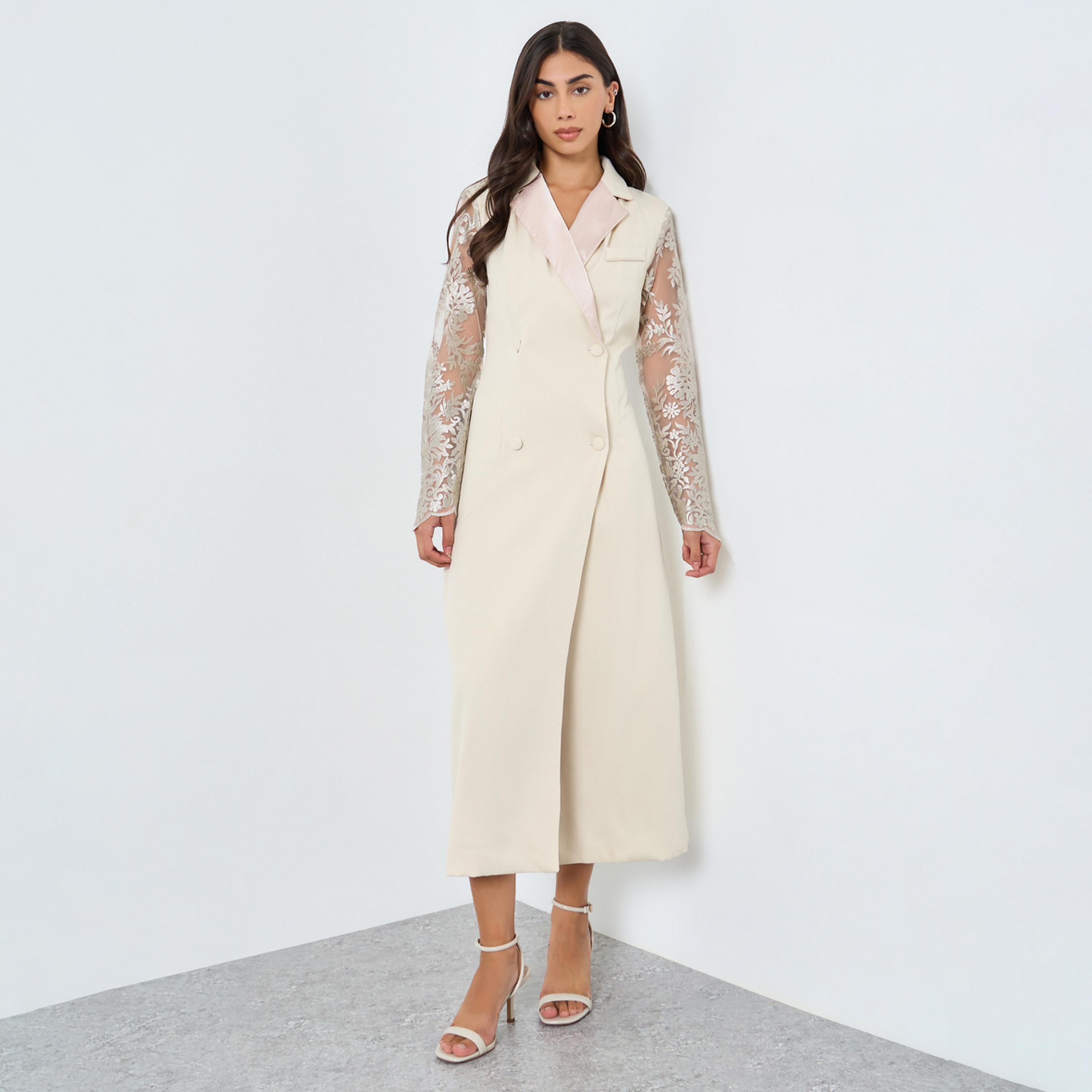Styli Cream Lace Sleeve Blazer Midi Dress-women-clothing-dresses-image-1