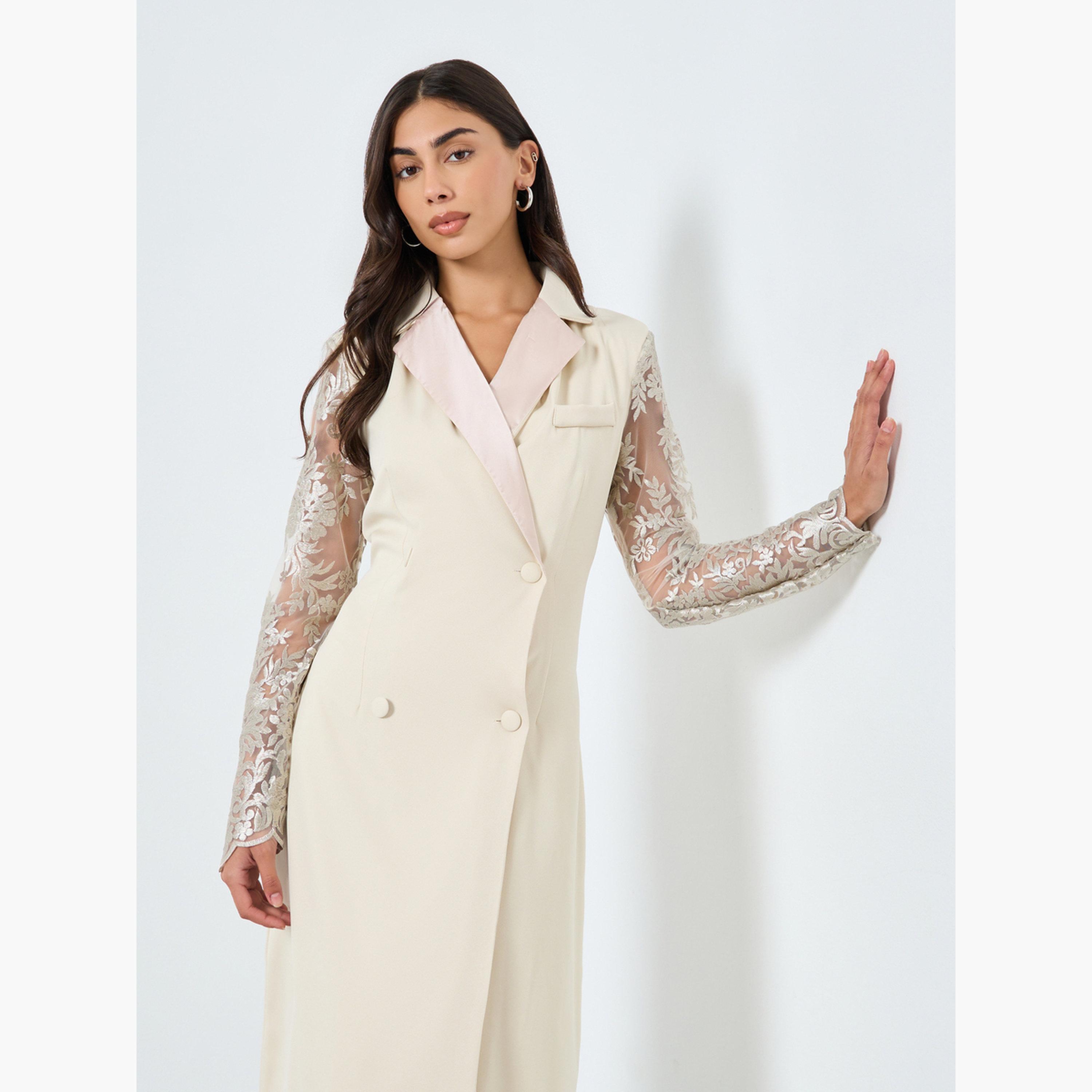 Styli Cream Lace Sleeve Blazer Midi Dress-women-clothing-dresses-image-2