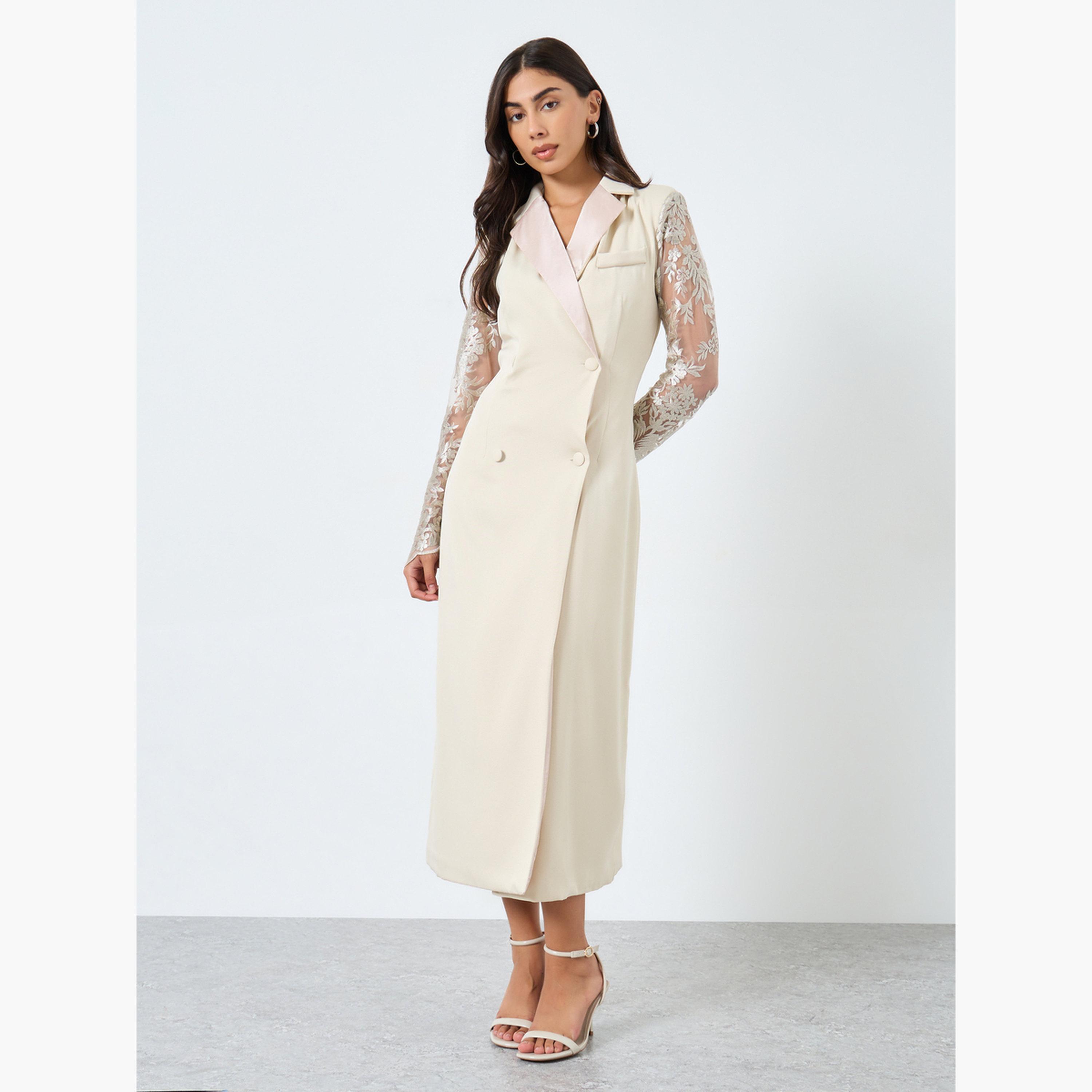 ستايلي - فستان متوسط ​​الطول بأكمام من الدانتيل الكريمي-women-clothing-dresses-image-3