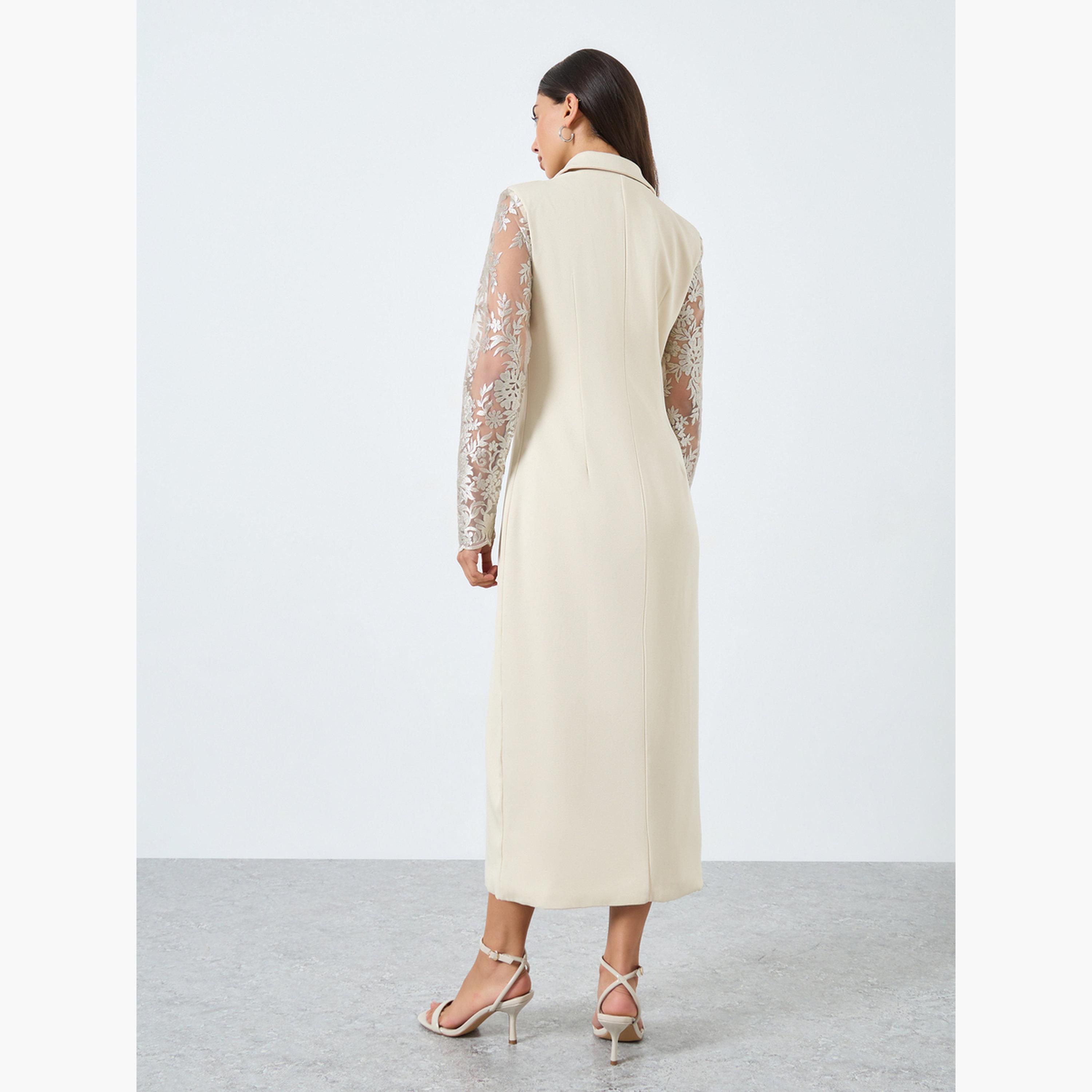Styli Cream Lace Sleeve Blazer Midi Dress-women-clothing-dresses-image-5