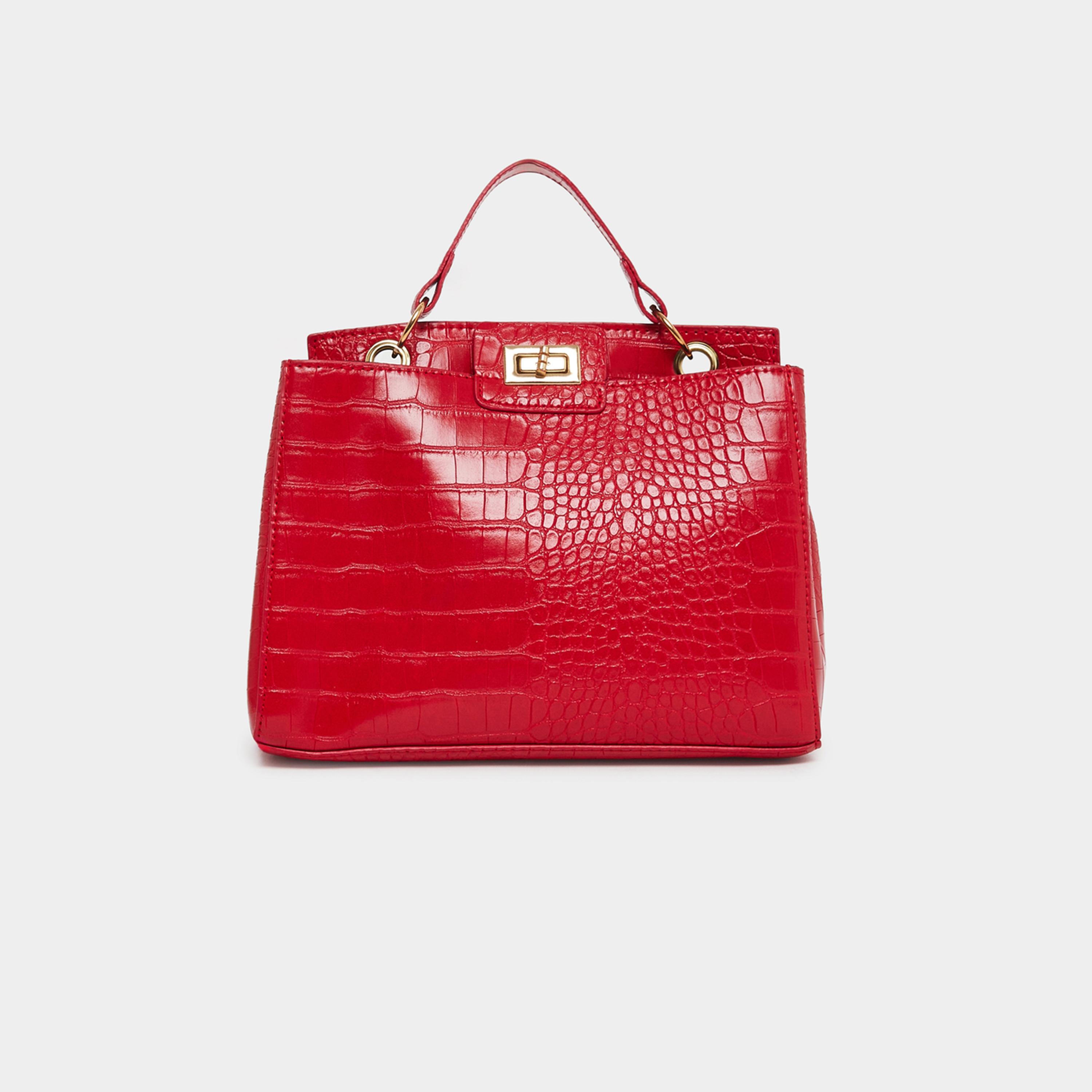 Styli Women Red Croc-Effect Textured Handbag-women-bagsandwallets-handbags-image-3