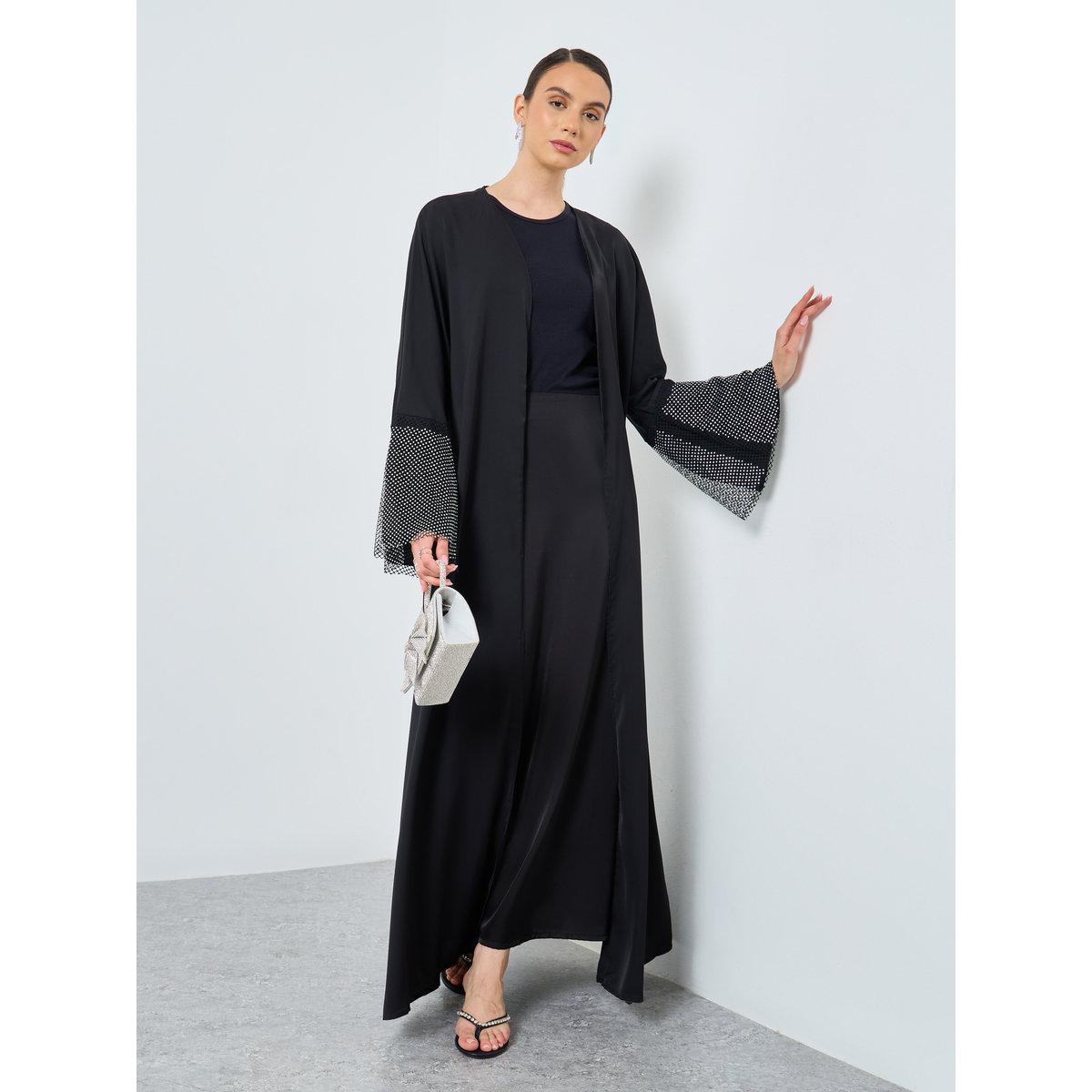 Take Two Mesh Insert Sleeve Open Front Abaya-women-arabicclothing-abayas-image-1